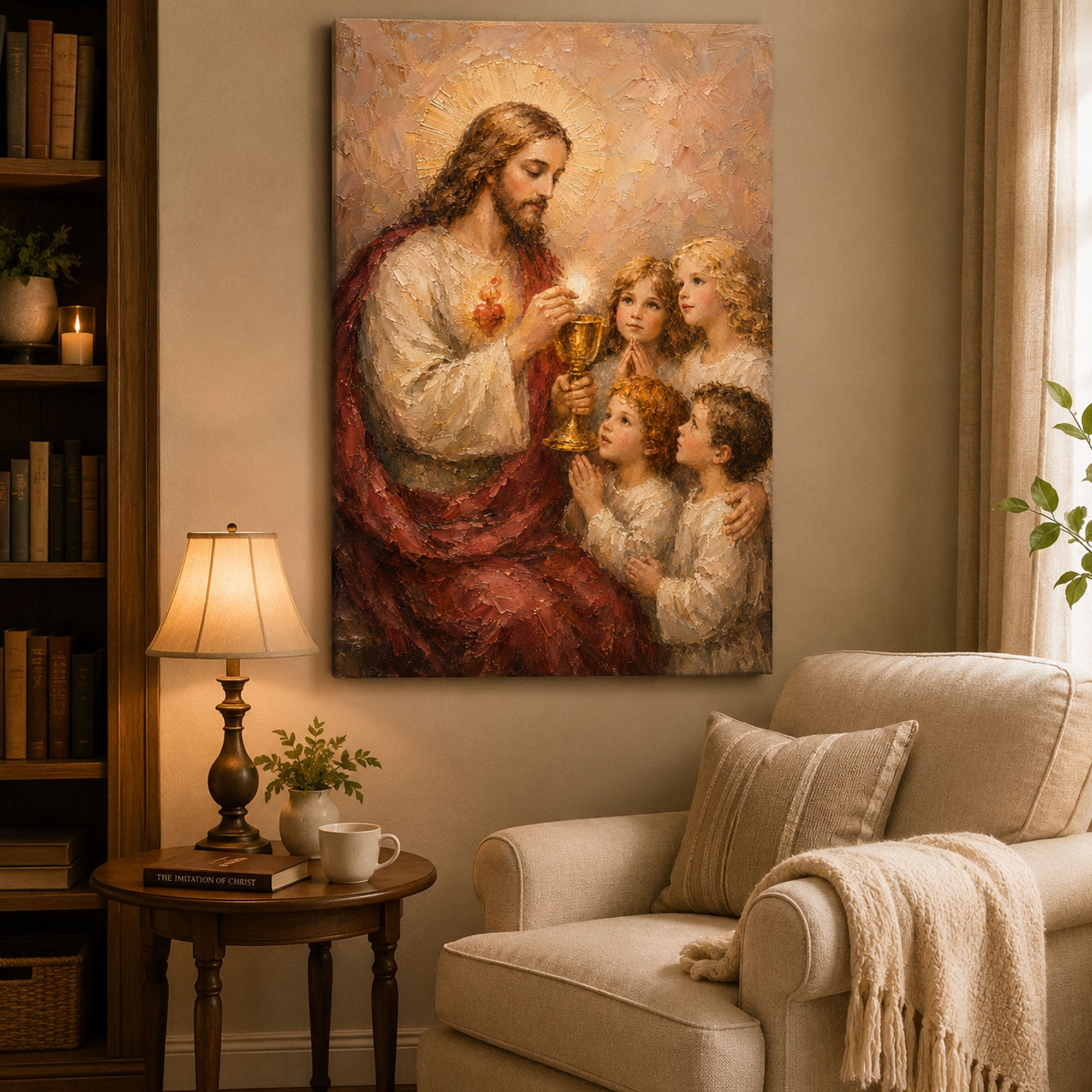 Jesus and Children Holy Communion Canvas Print, First Communion Catholic Wall Art, Eucharistic Faith Home Decor