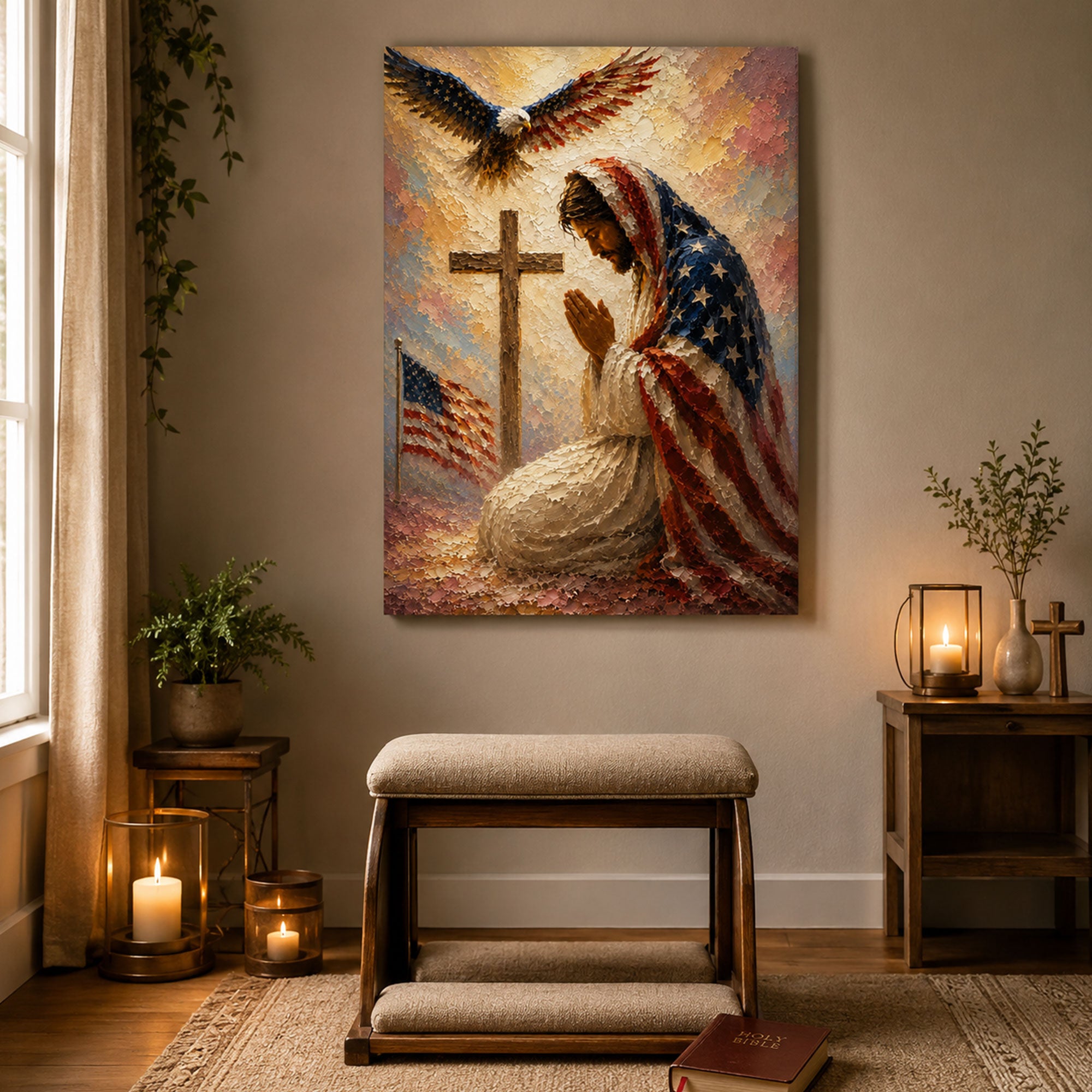 Jesus Praying at Cross Canvas Print, American Flag Christian Wall Art, Patriotic Faith Home Decor
