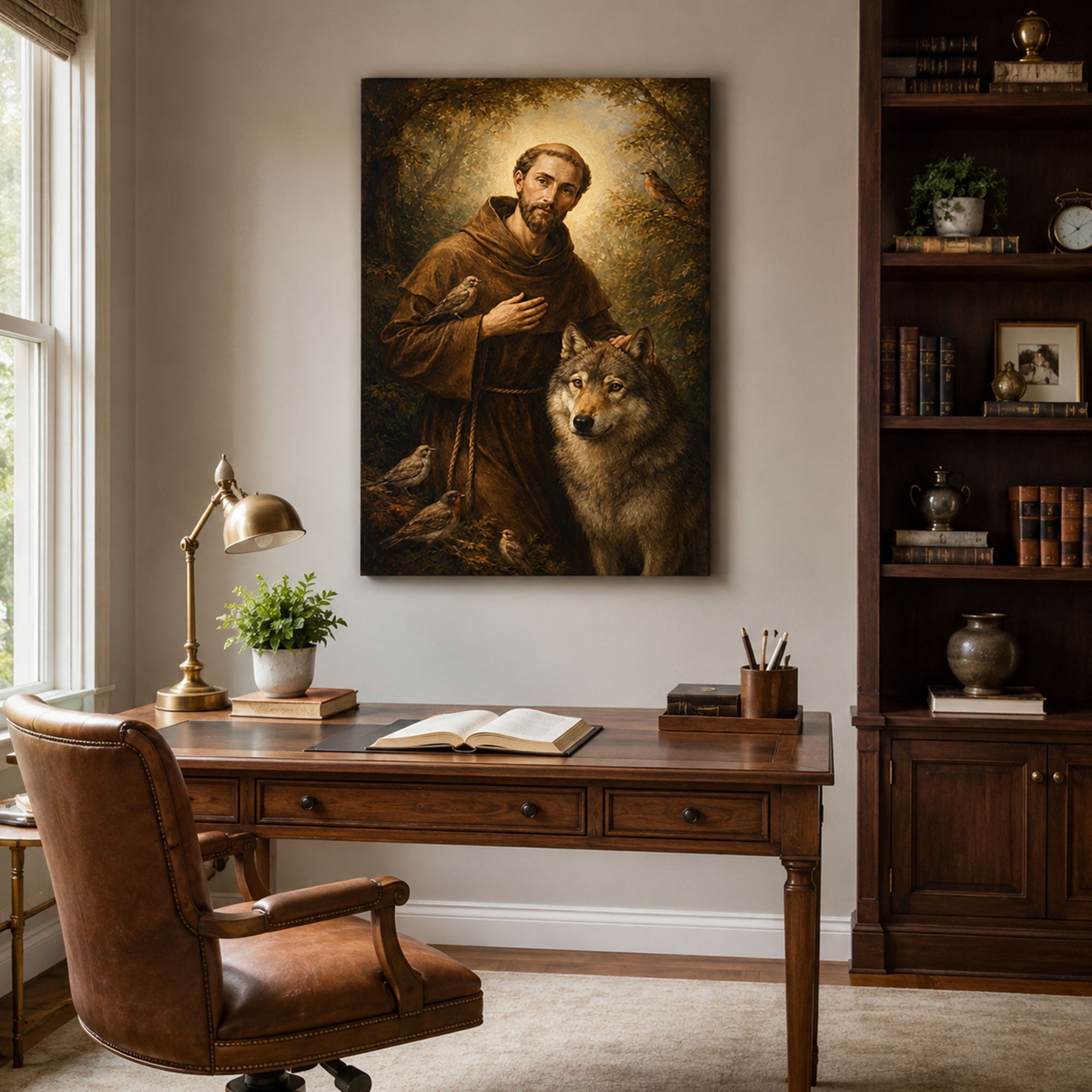 Saint Francis of Assisi Canvas Print, Wolf and Birds Catholic Wall Art, Christian Nature Home Decor Gift