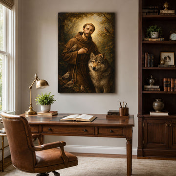 Saint Francis of Assisi Canvas Print, Wolf and Birds Catholic Wall Art, Christian Nature Home Decor Gift