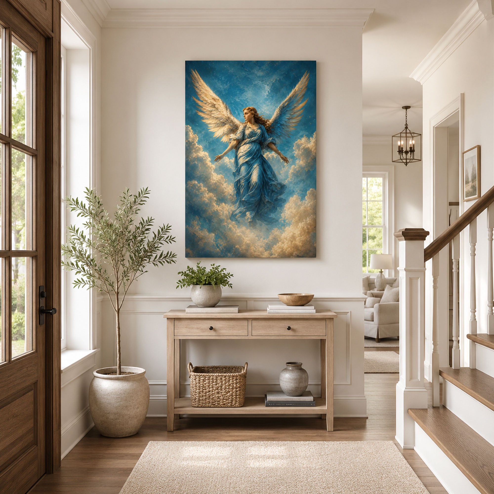 Heavenly Angel Canvas Print, Blue Robe Christian Wall Art, Celestial Faith Home Decor Gift