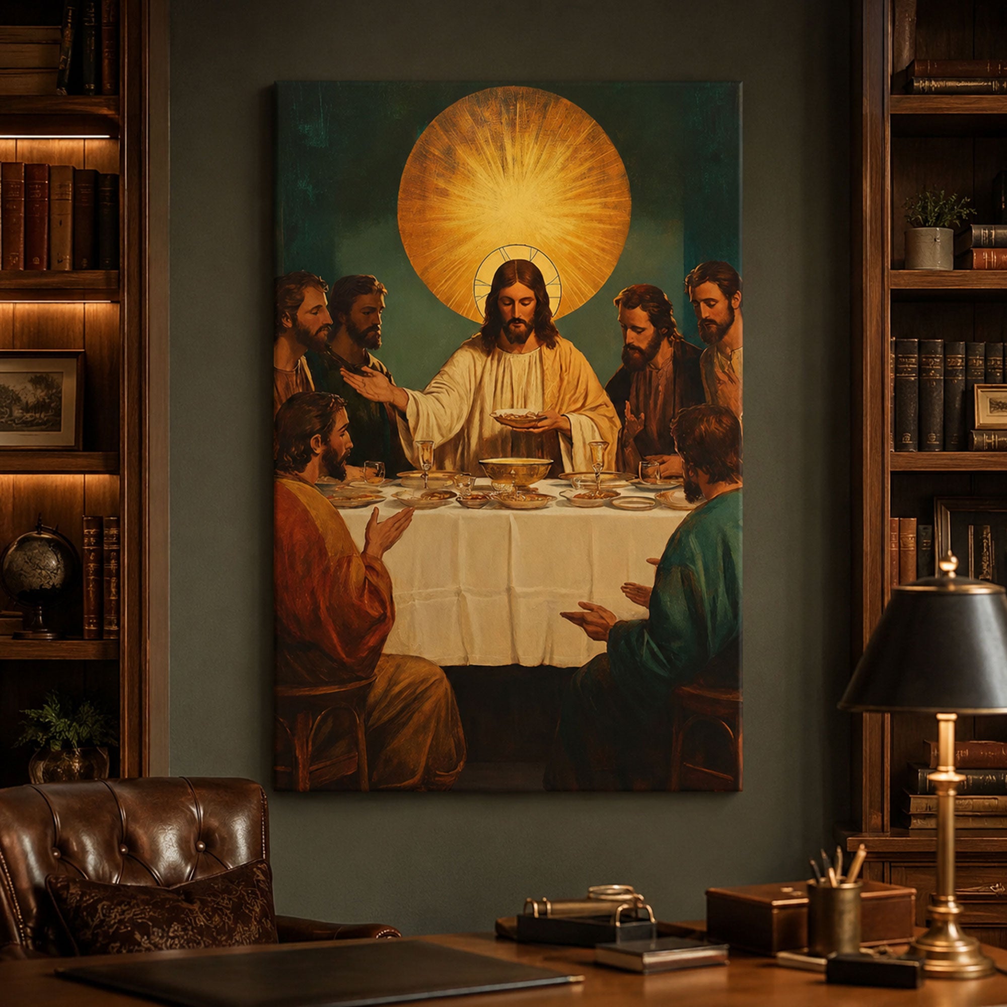 Institution of the Eucharist Last Supper Canvas Print, Glowing Art Deco Christian Wall Art, Large Faith Home Decor
