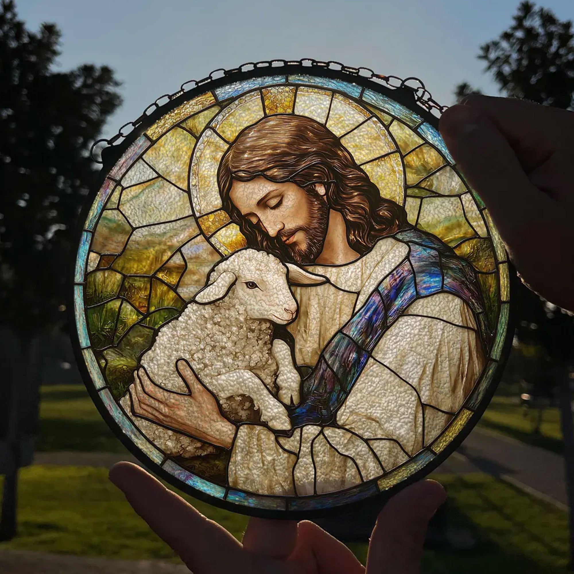 Jesus Holding Lamb Stained Glass Suncatcher, Christian Window Hanging Decor, Faith Wall Art, Religious Home Ornament