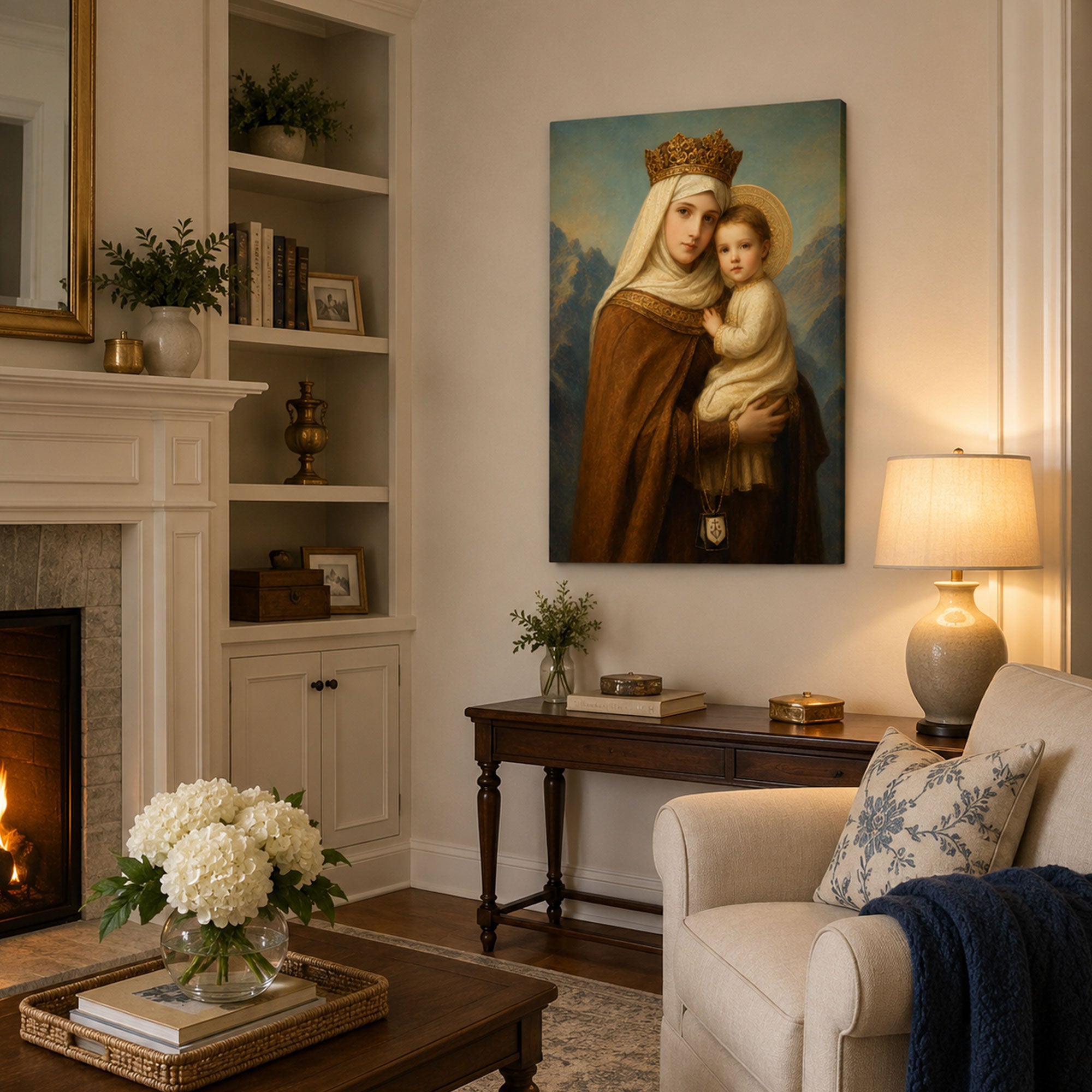 Our Lady of Mount Carmel Canvas Print, Catholic Virgin Mary with Child Jesus Wall Art Gift