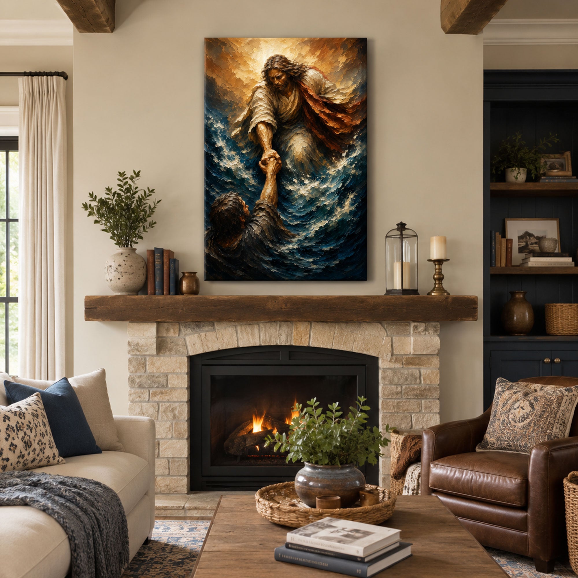 Jesus Saving Peter Canvas Print, Walking on Water Christian Wall Art, Faith Home Decor Gift