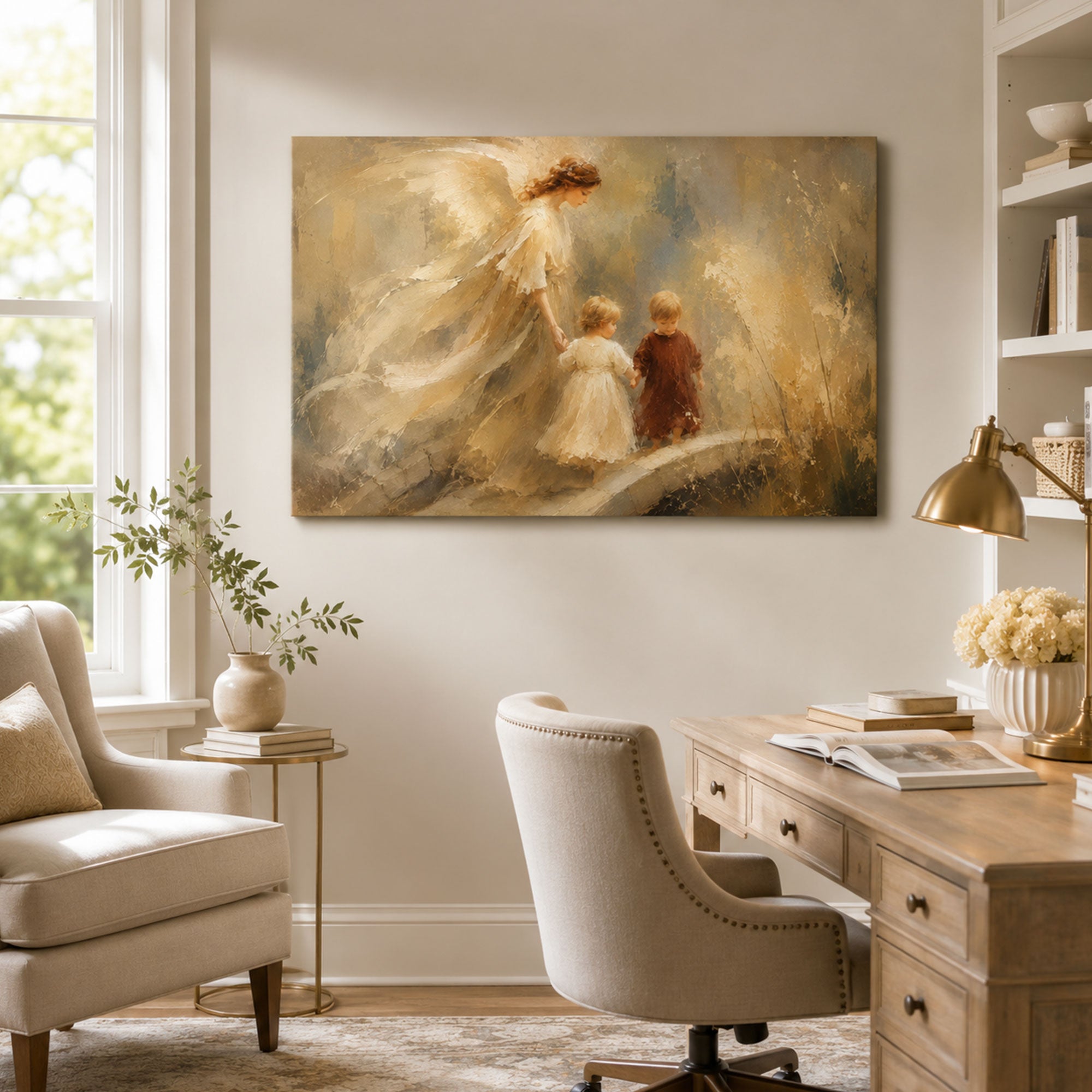Guardian Angel Guiding Two Children Canvas Print, Golden Christian Family Decor