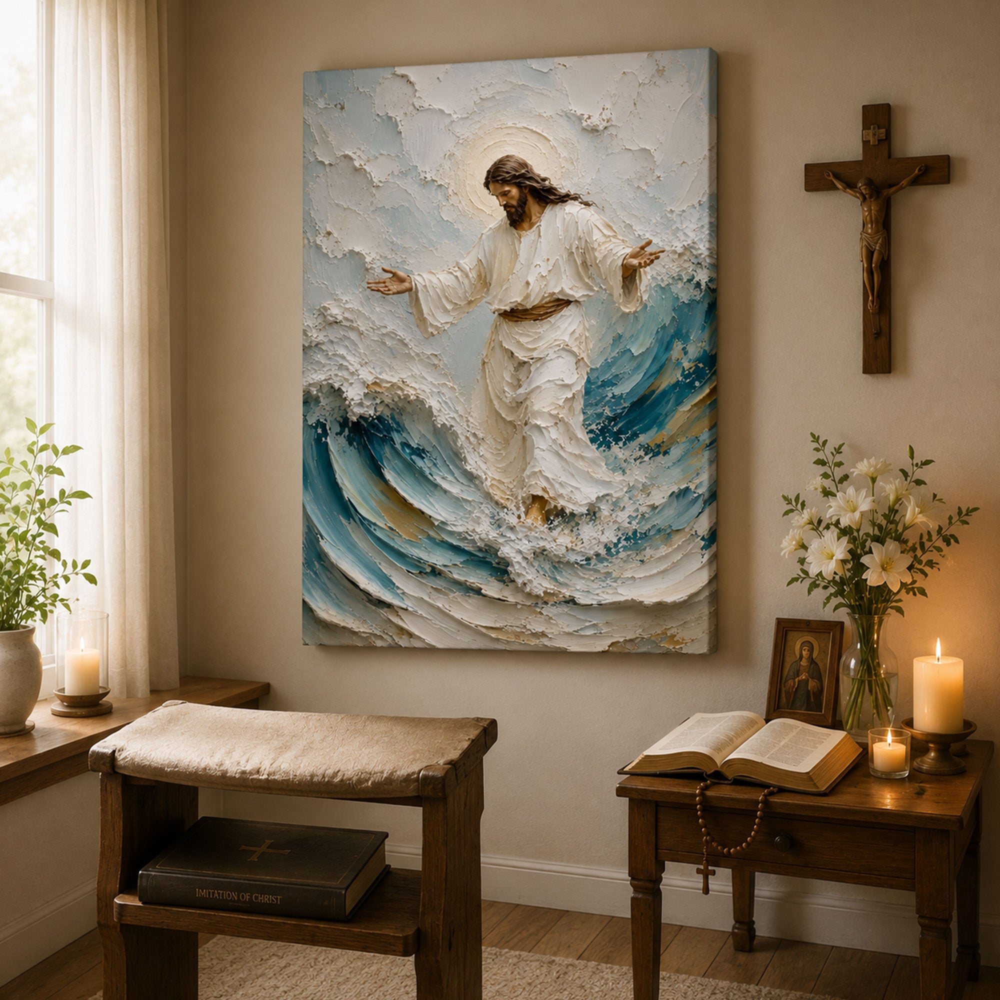 Jesus Walking on Water Canvas Print, Christian Ocean Wall Art, Faith Home Decor