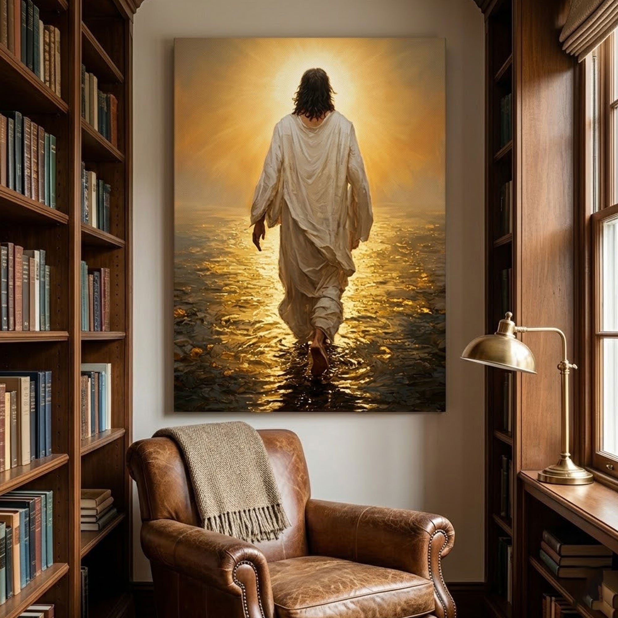 Jesus Walking on Water Canvas Print, Golden Light Christian Wall Art, Inspirational Faith Home Decor