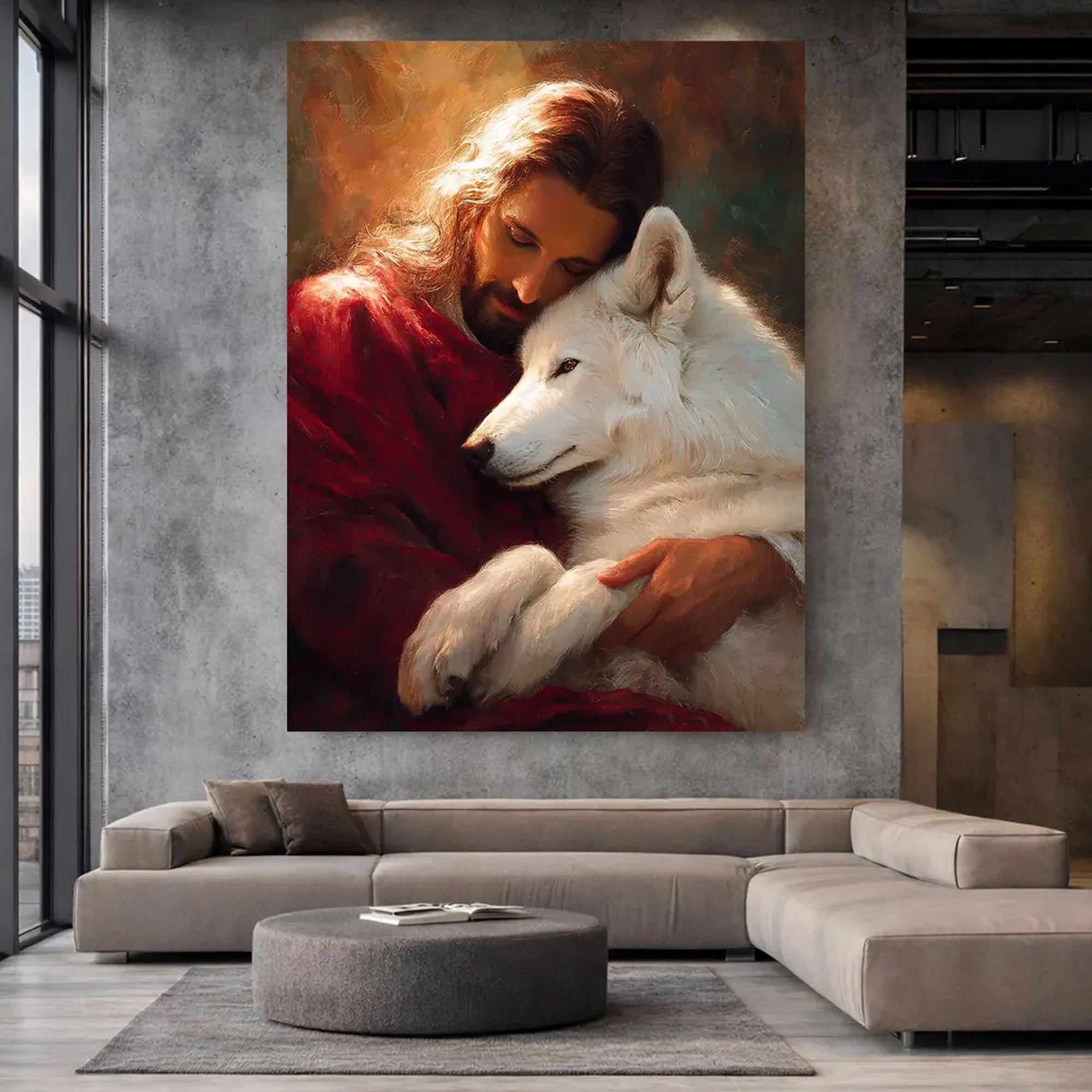Jesus Holding Wolf Canvas Wall Art, Symbol of Redemption and Transformation, Christian Faith Decor, Spiritual Healing Artwork, Inspirational Home Gift