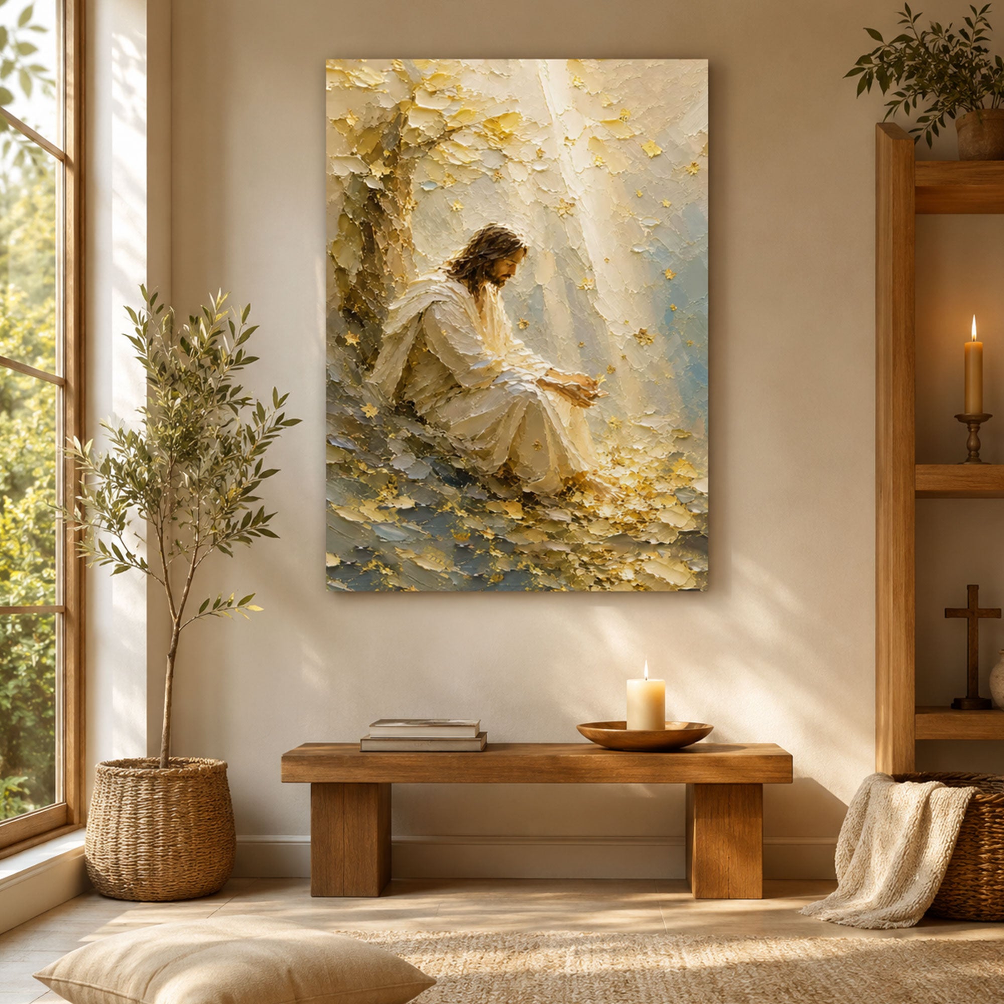 Jesus in Quiet Reflection Canvas Print, Peaceful Christian Wall Art, Soft Neutral Faith Home Decor