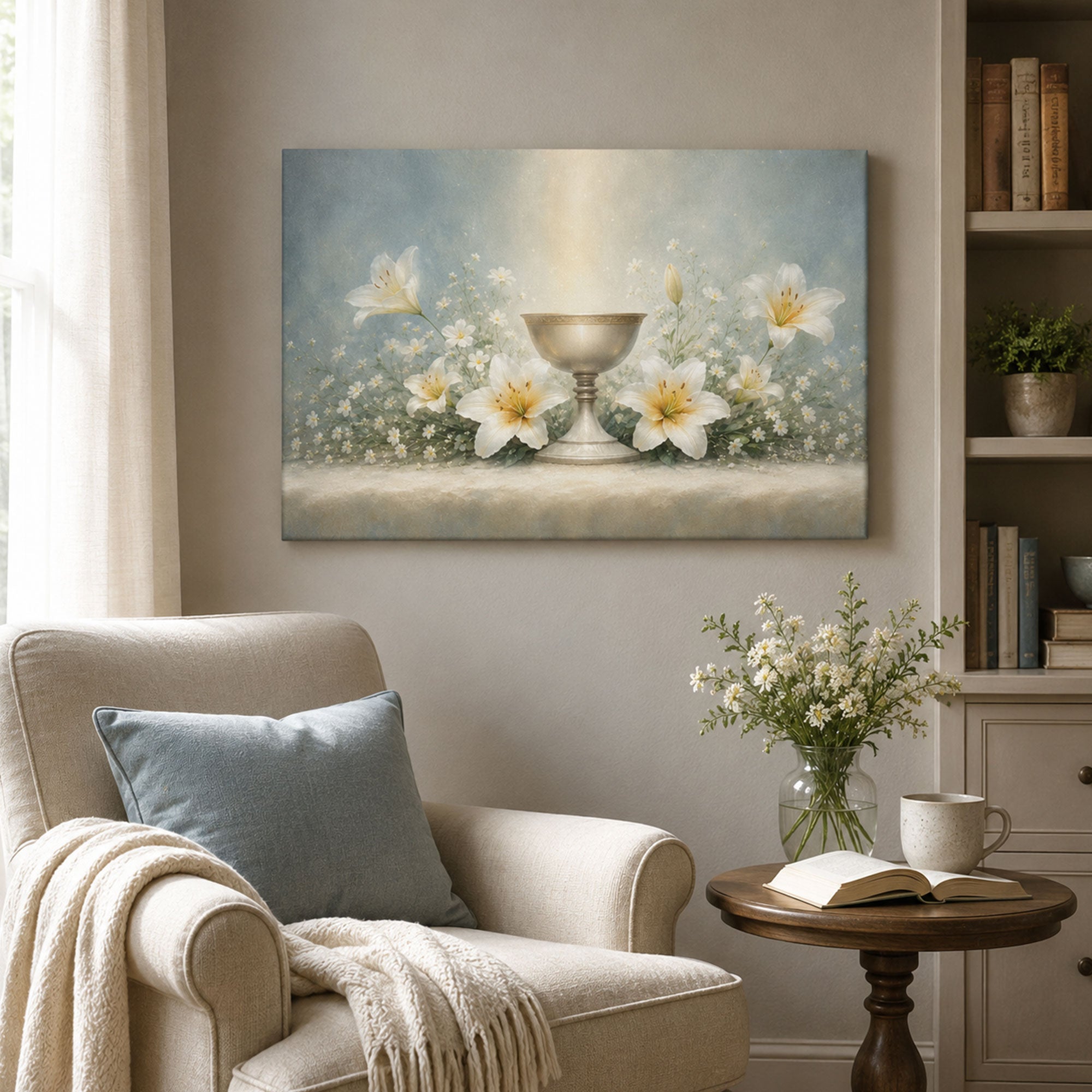 Holy Communion Chalice Canvas Print, White Lily Catholic Wall Art, Soft Blue Faith Home Decor Gift