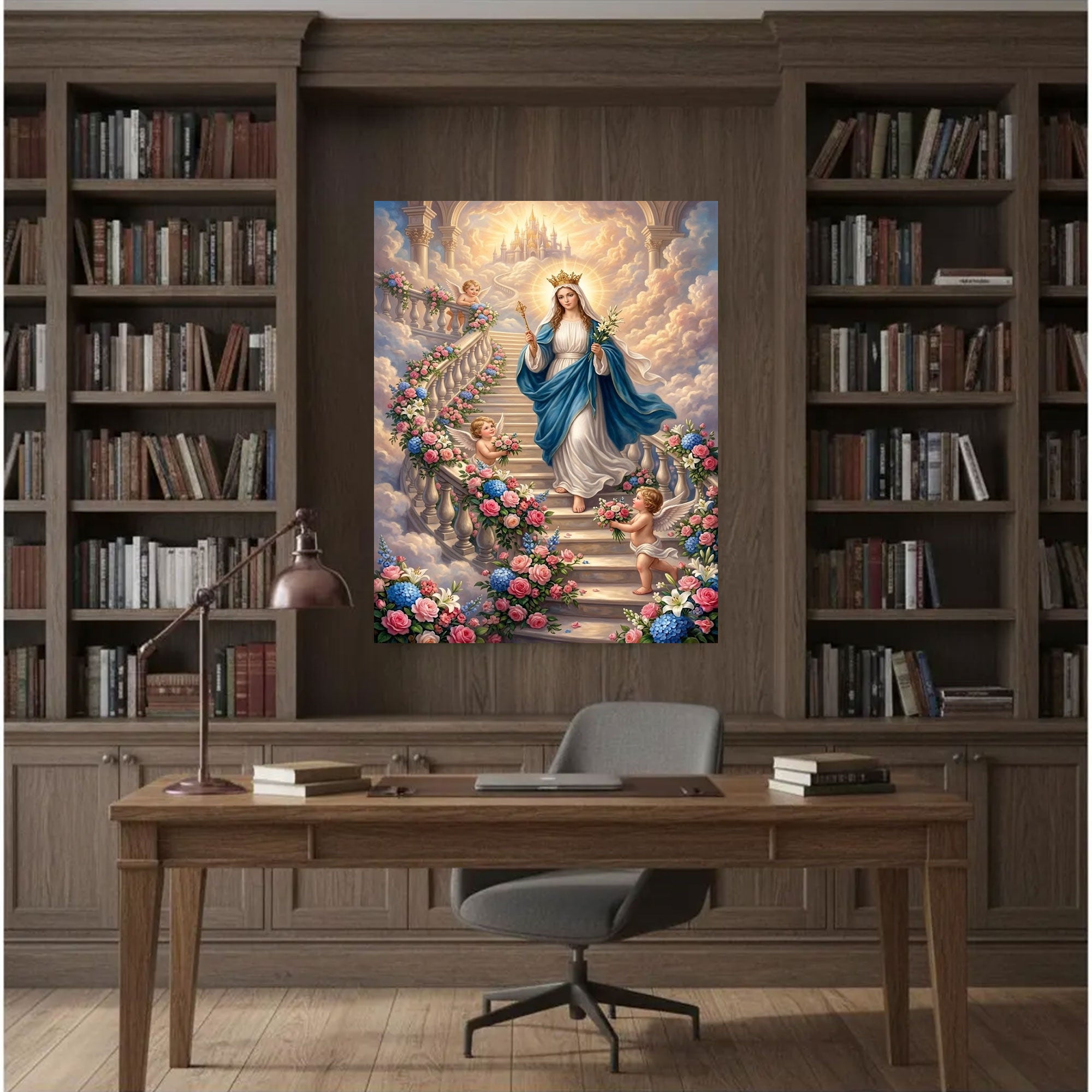 Queen of Heaven Virgin Mary Canvas Print, Catholic Madonna Crowned Wall Art, Heavenly Floral Garden Scene, Sacred Christian Decor, Inspirational Faith Gift