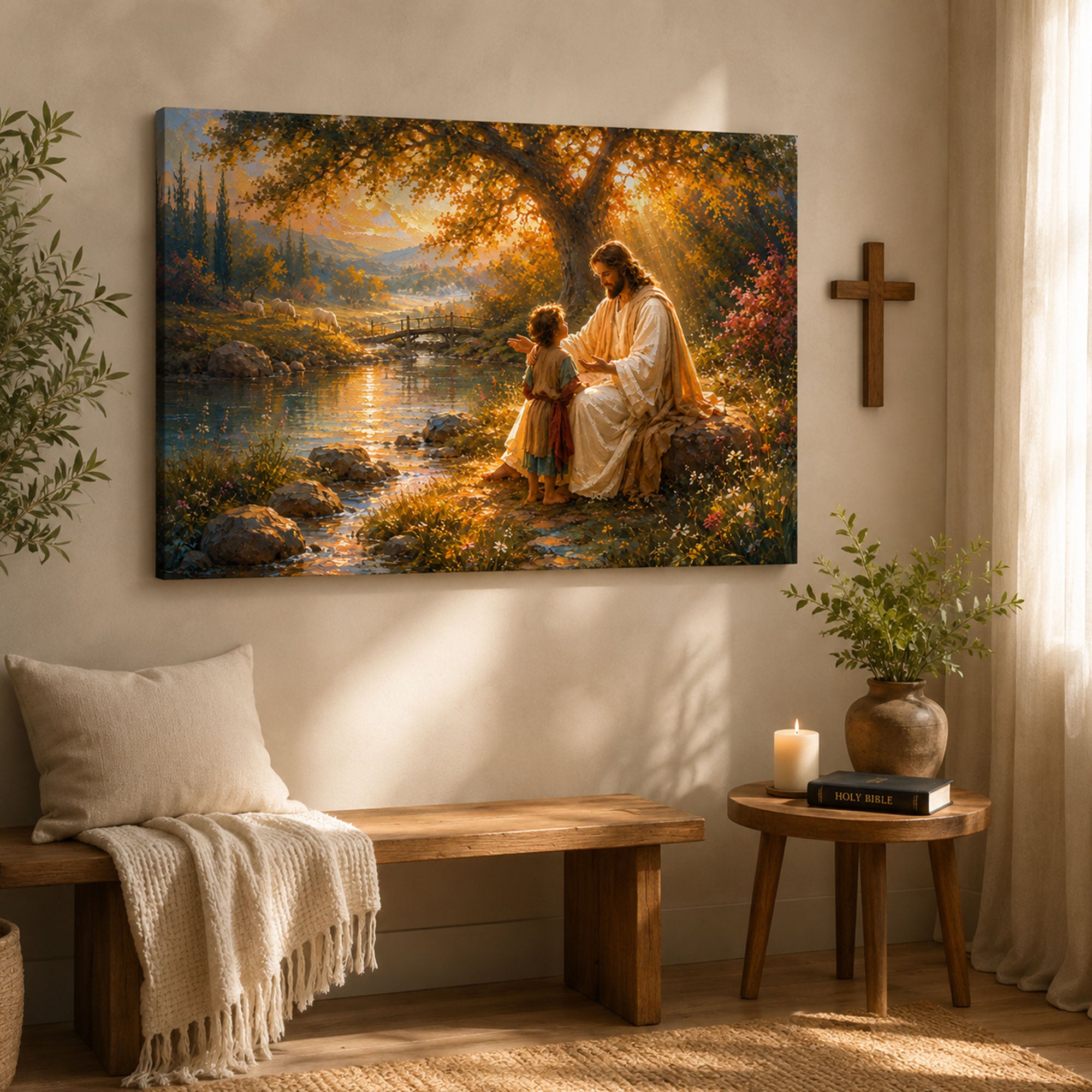 Jesus with Child by the River Canvas Print, Peaceful Christian Wall Art, Family Faith Home Decor