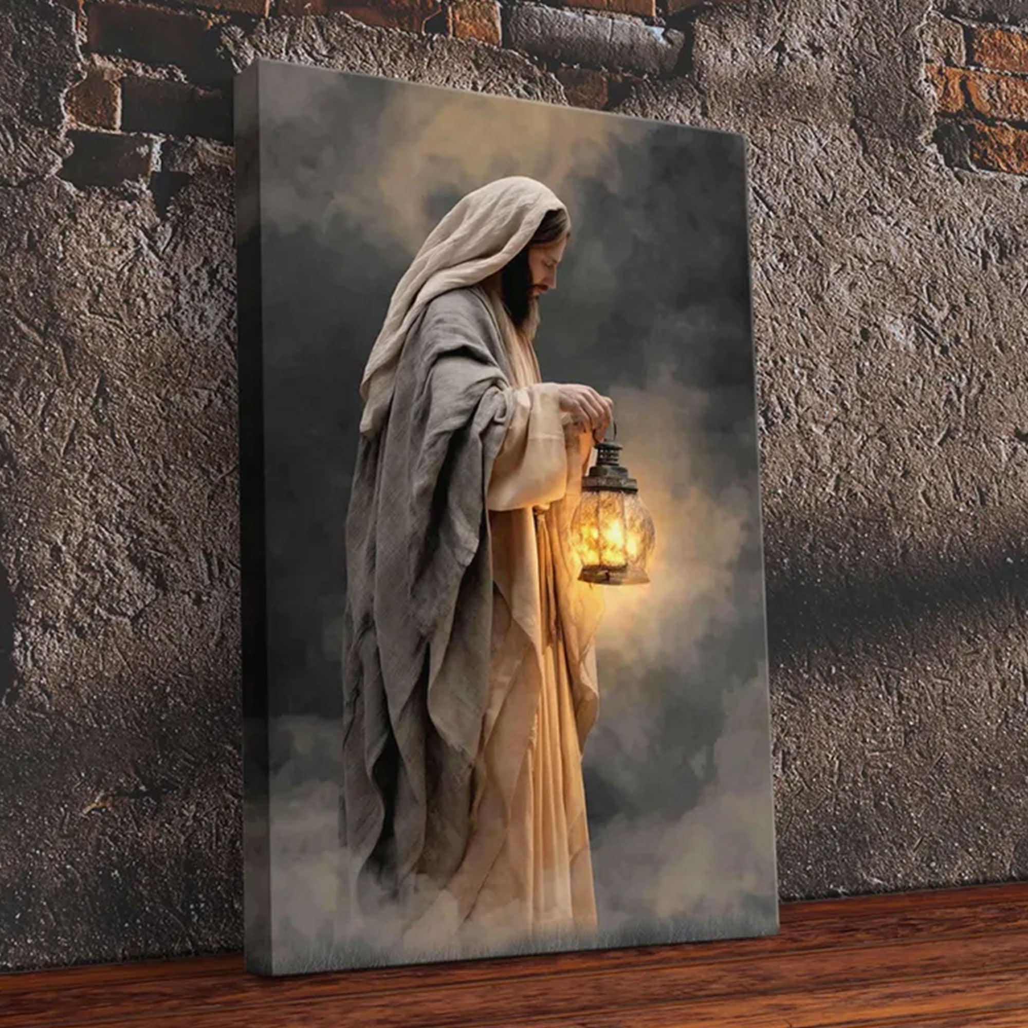 Guiding Lantern Framed Canvas Print, Moody Christian Wall Art, Jesus Painting Faith Home Decor