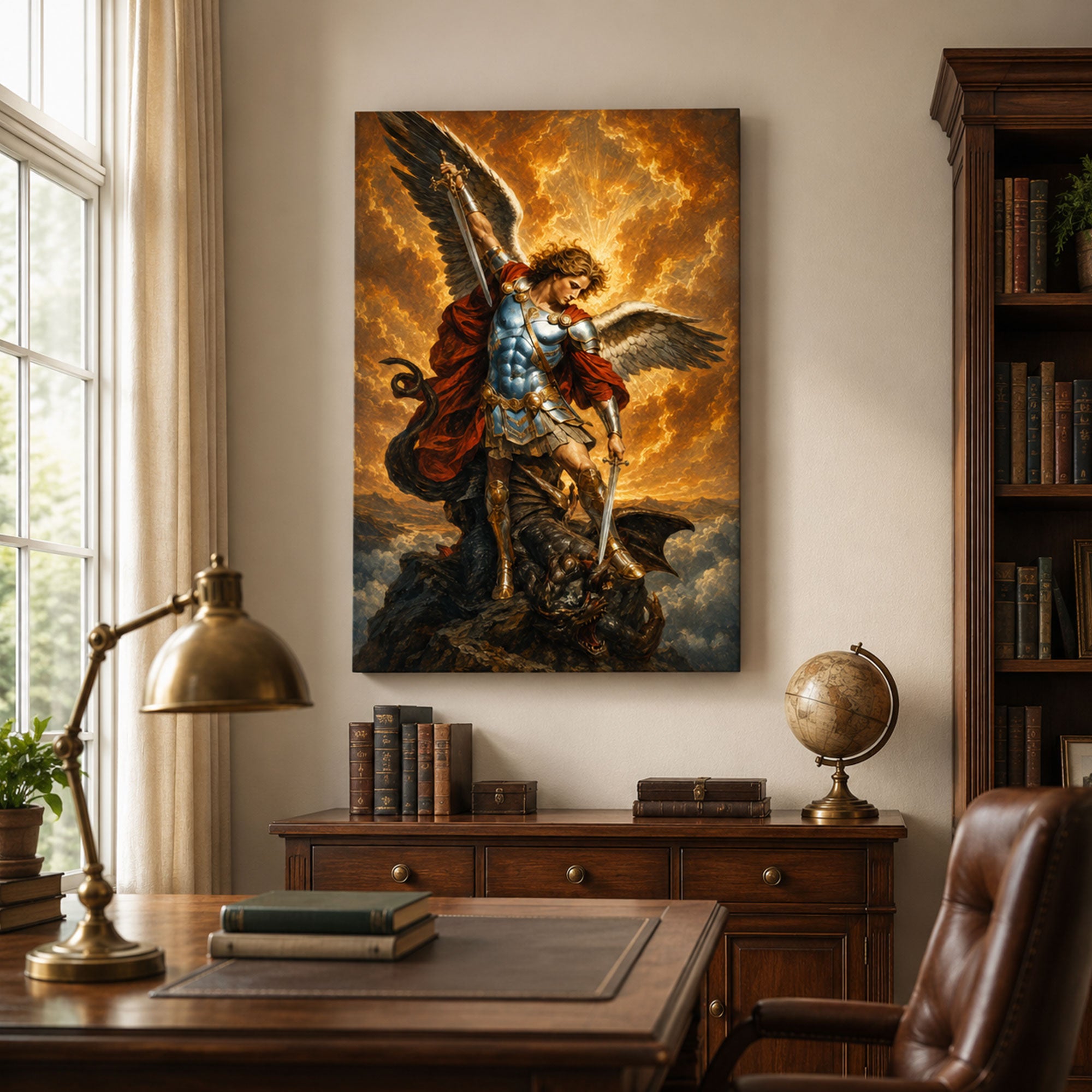 Saint Michael Defeating the Dragon Canvas Print, Catholic Warrior Archangel Wall Art, Faith Home Decor Gift