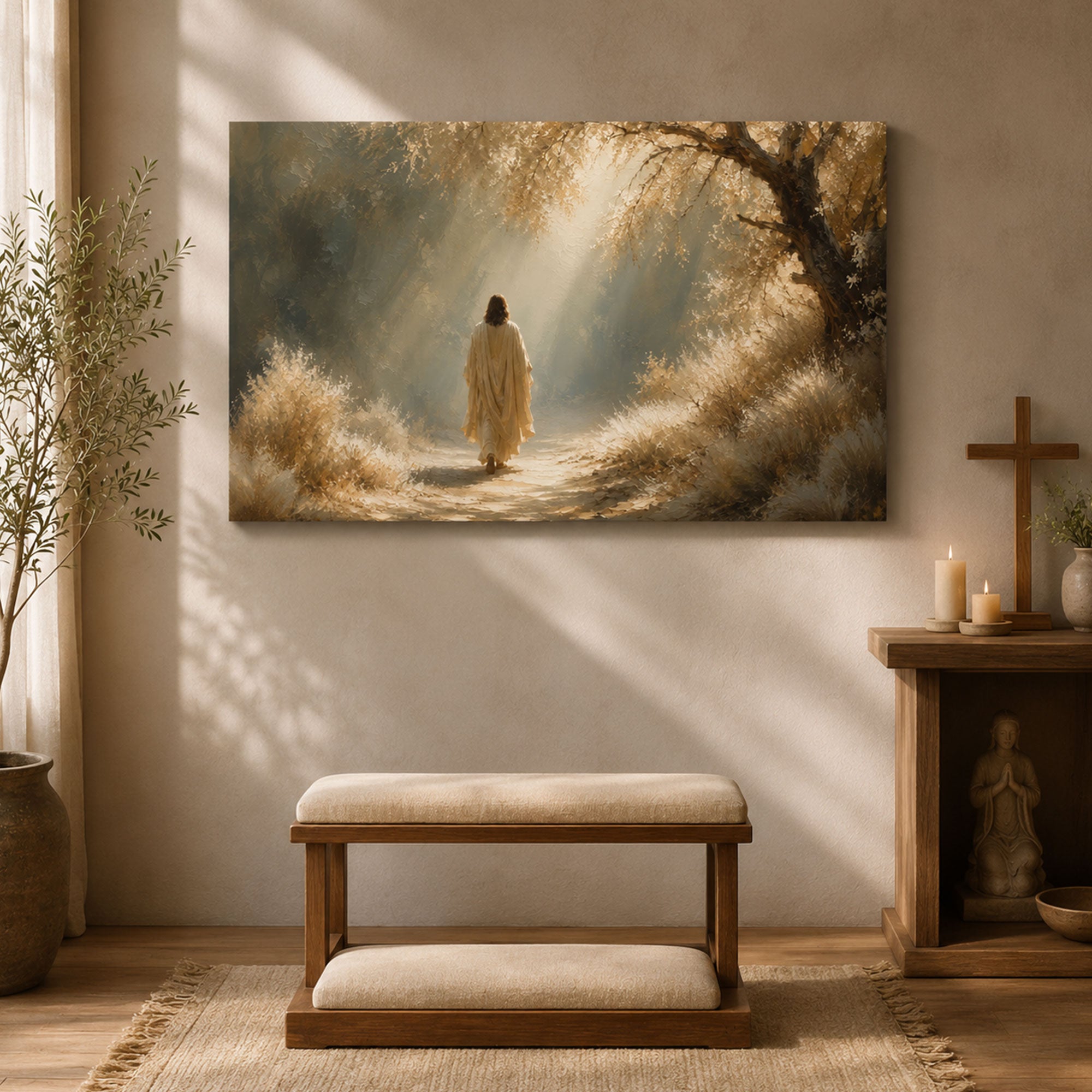 Jesus Walking Through Light Canvas Print, Peaceful Christian Wall Art, Path of Faith Home Decor