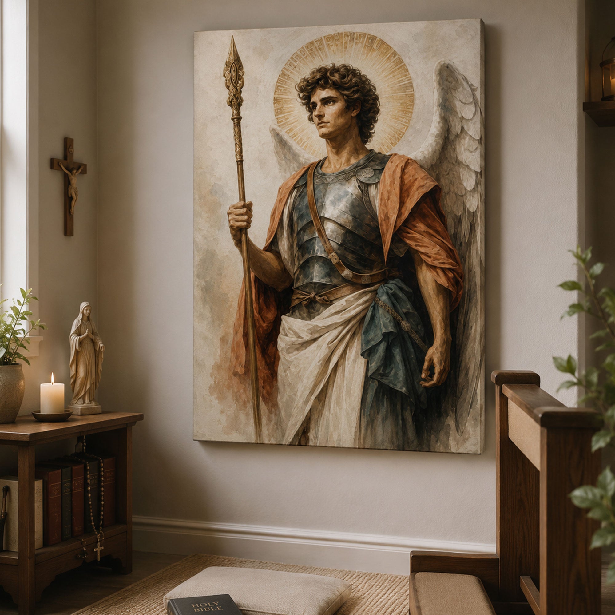 Archangel Michael with Spear Canvas Print, Catholic Guardian Angel Wall Art, Faith Home Decor