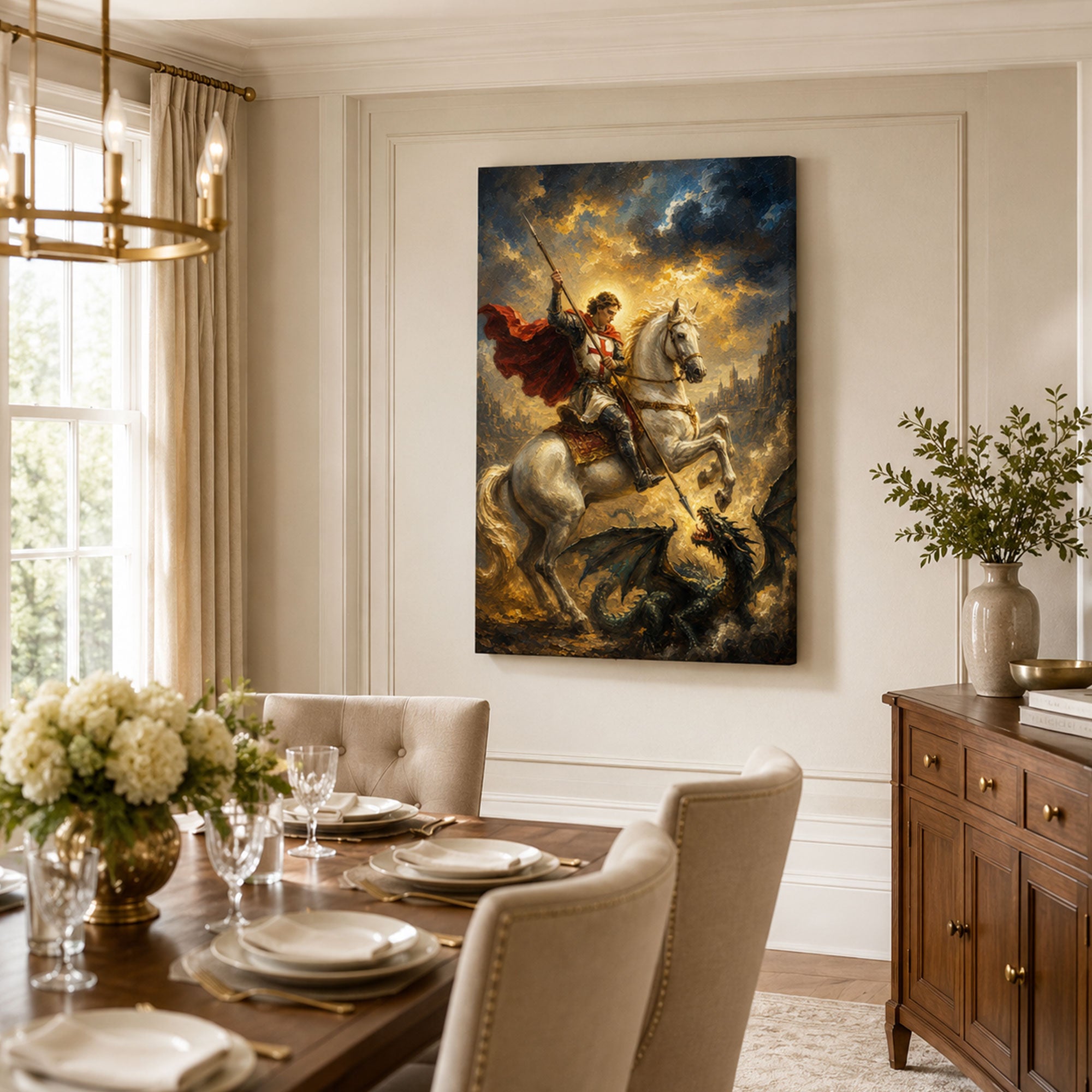 Saint George Spear of Faith Canvas Print, Stormlit Catholic Decor
