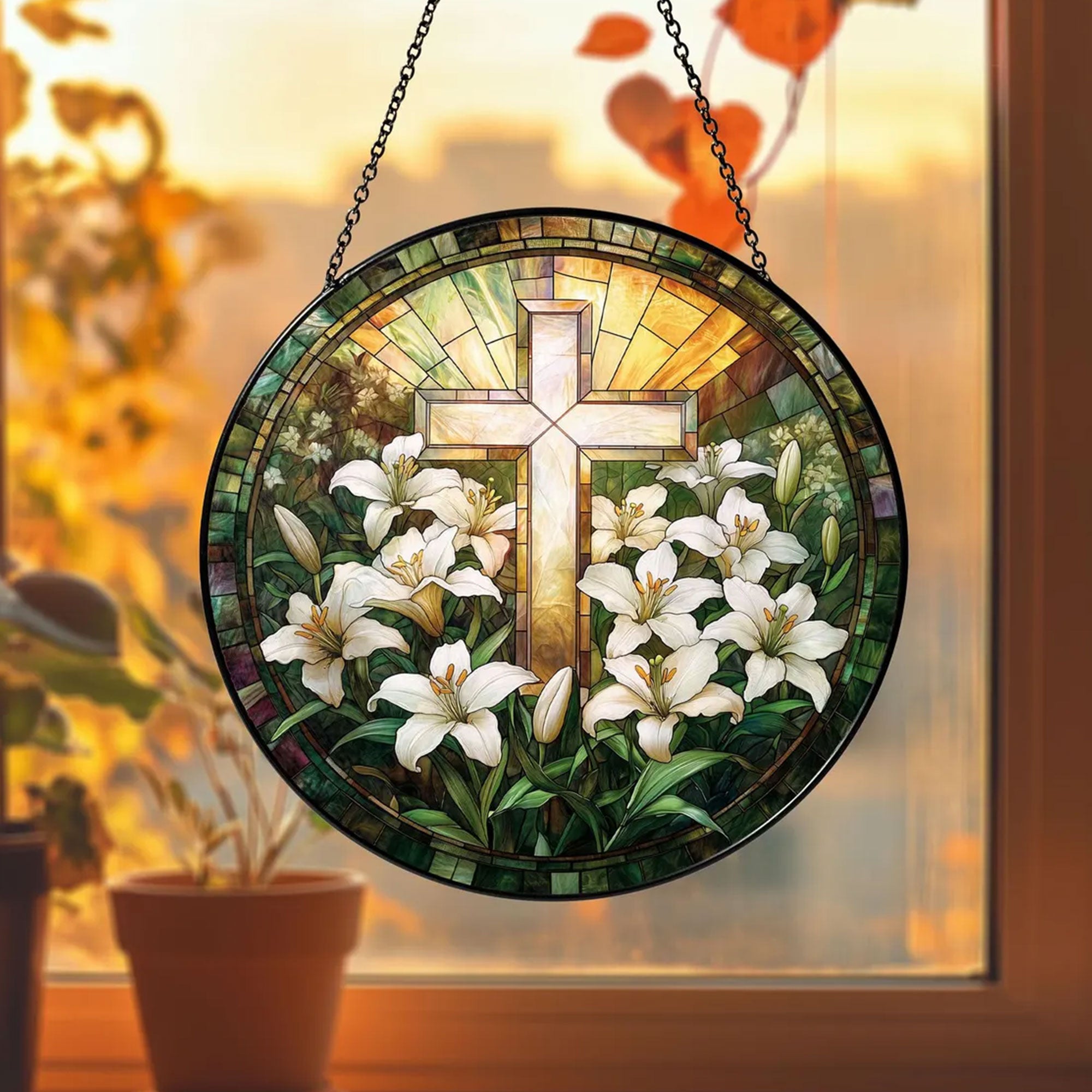 Stained Glass Lily Cross Suncatcher, Christian Window Hanging Decor, Floral Faith Gift, Religious Home Ornament