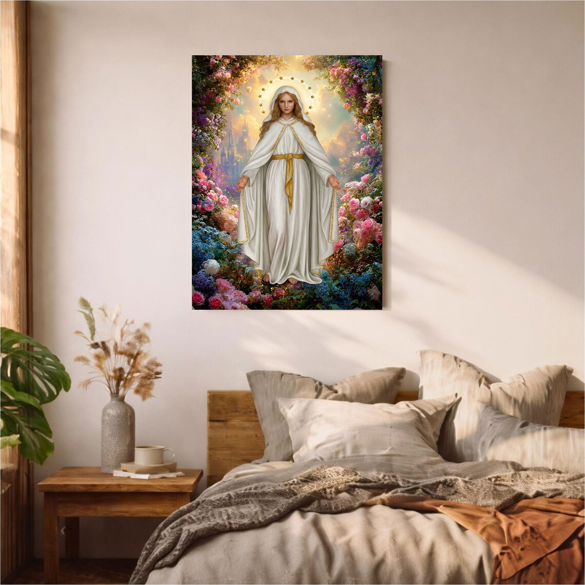 Our Lady of Grace Canvas Print, Catholic Virgin Mary Wall Art, Blessed Mother Apparition in Floral Garden, Sacred Christian Decor, Inspirational Faith Gift