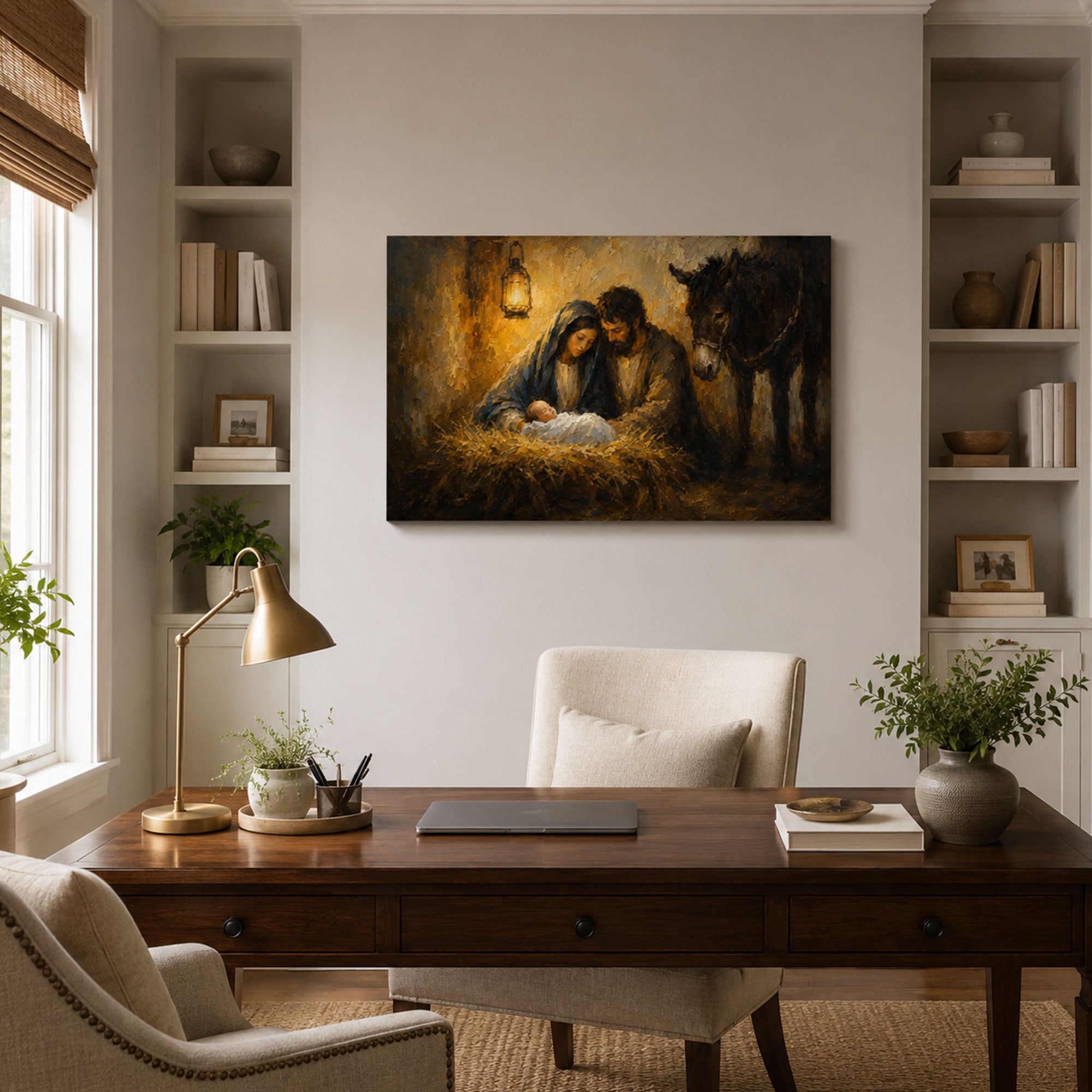 Holy Family by Lantern Light Canvas Print, Rustic Nativity Catholic Decor