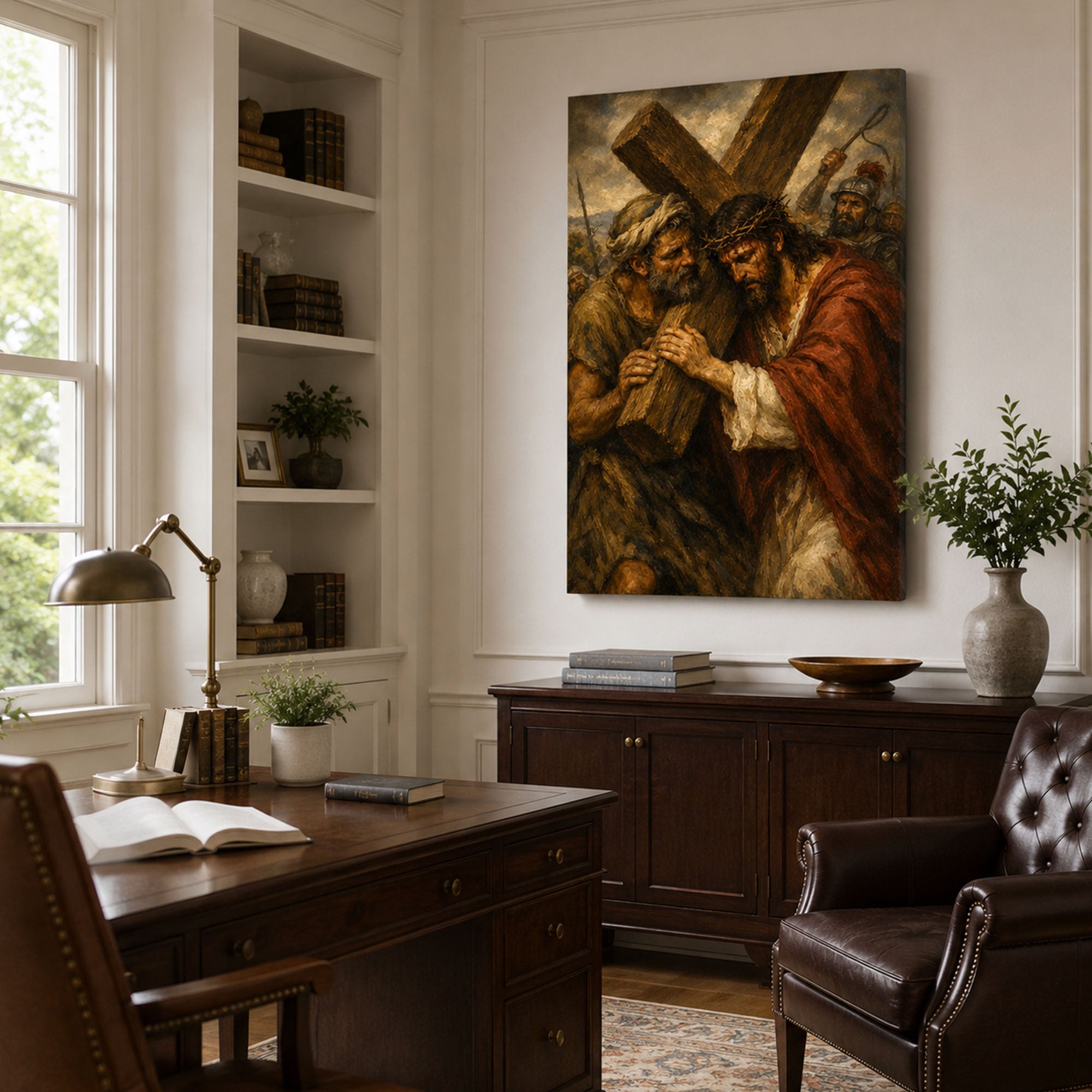Jesus Carries the Cross Canvas Print, Simon of Cyrene Catholic Wall Art, Passion of Christ Home Decor Gift