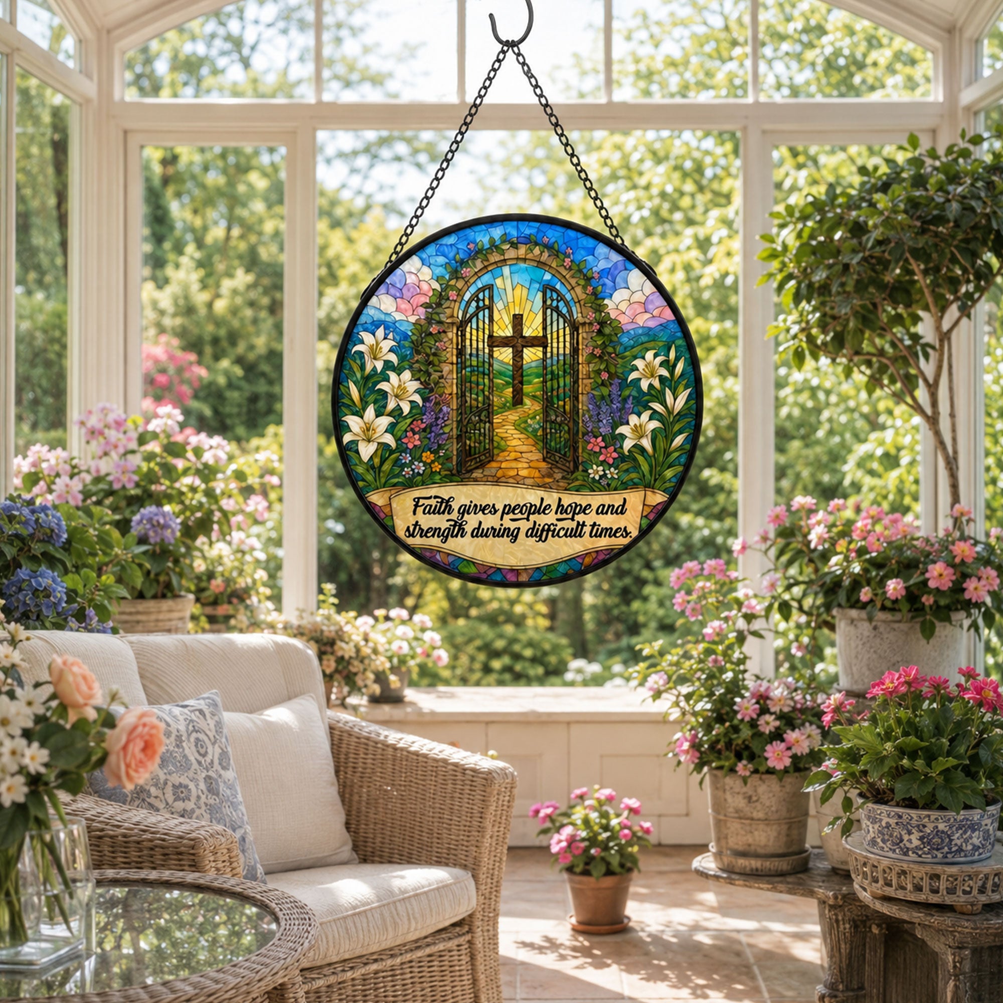 Faith Gives Hope and Strength Suncatcher, Christian Cross Window Hanging, Inspirational Religious Gift
