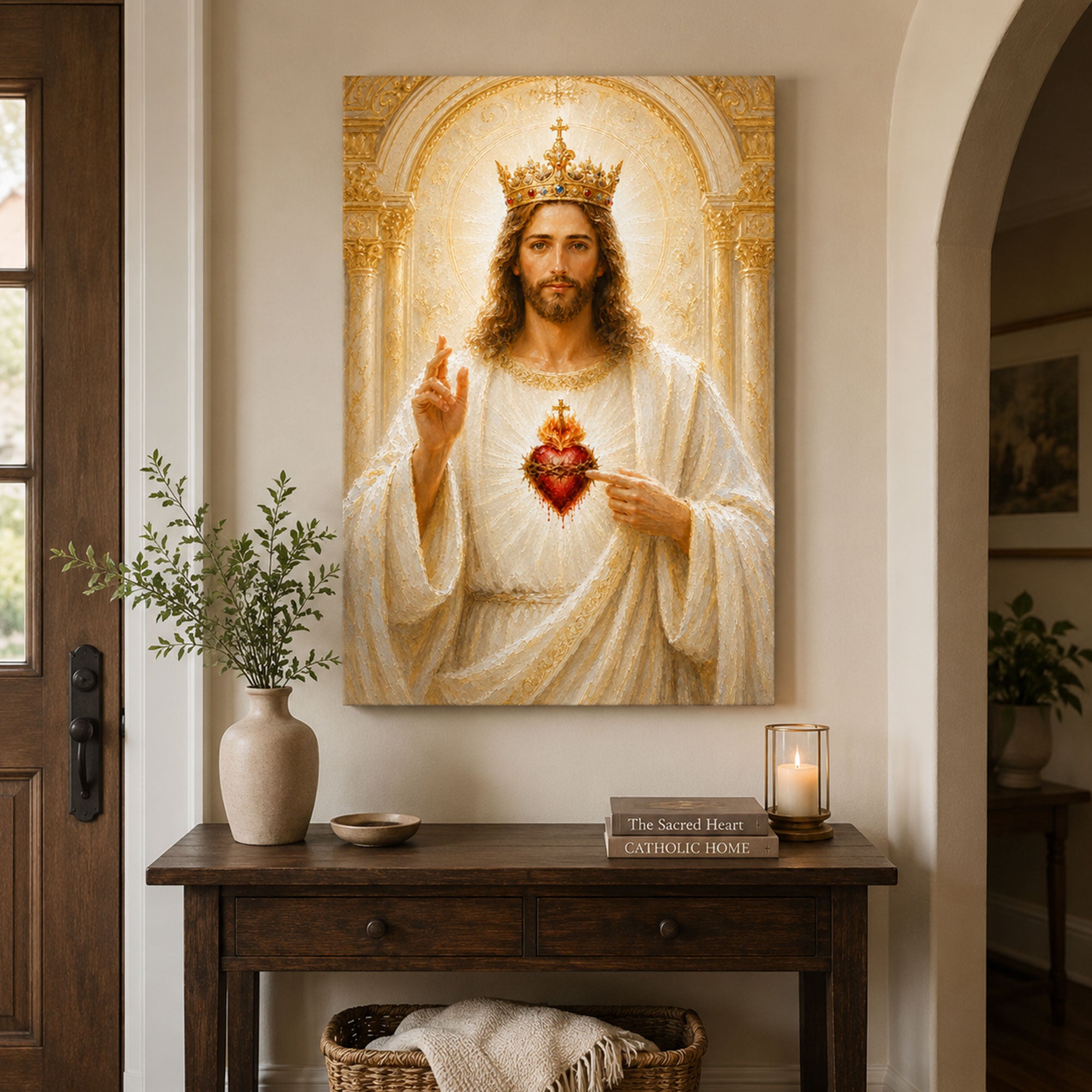 Christ the King Sacred Heart Canvas Print, Crowned Jesus Catholic Wall Art, Christian Home Decor