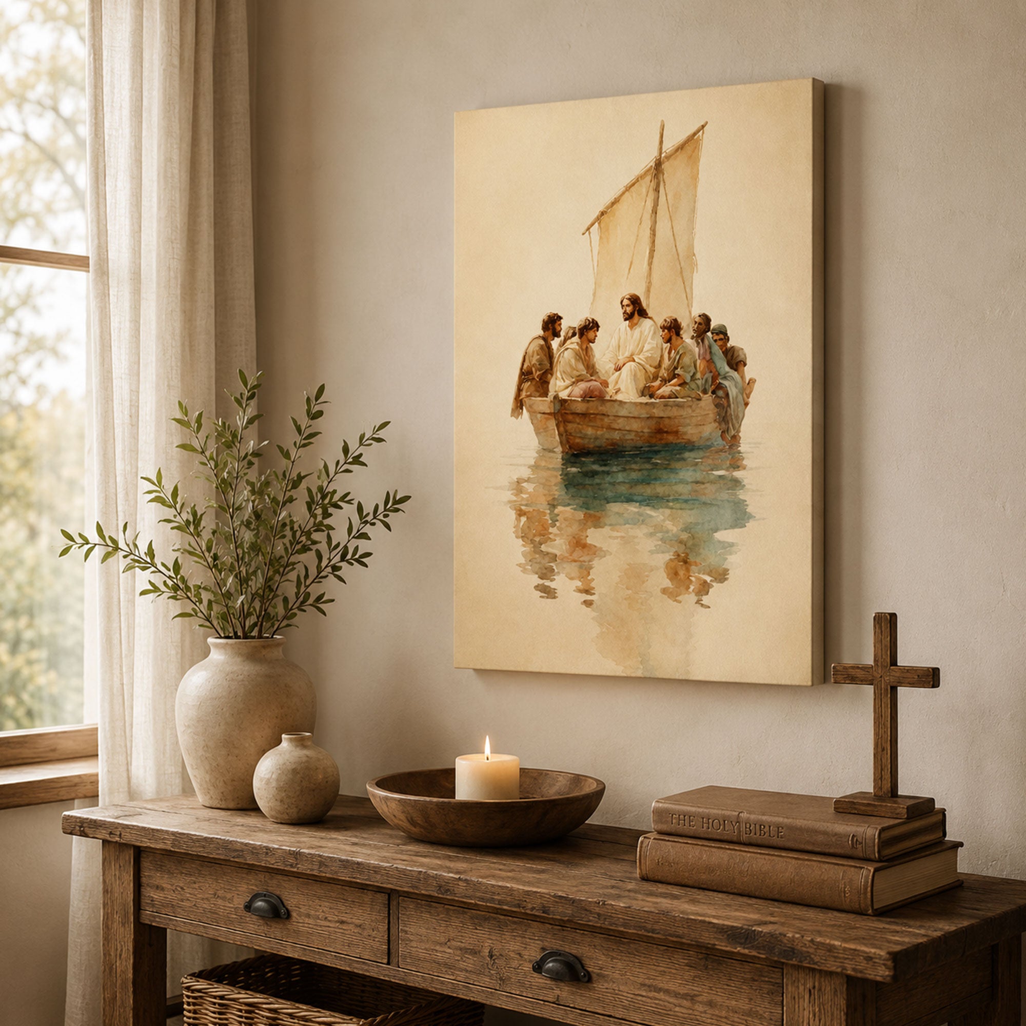 Jesus with His Disciples on the Boat Canvas Print, Christian Home Decor