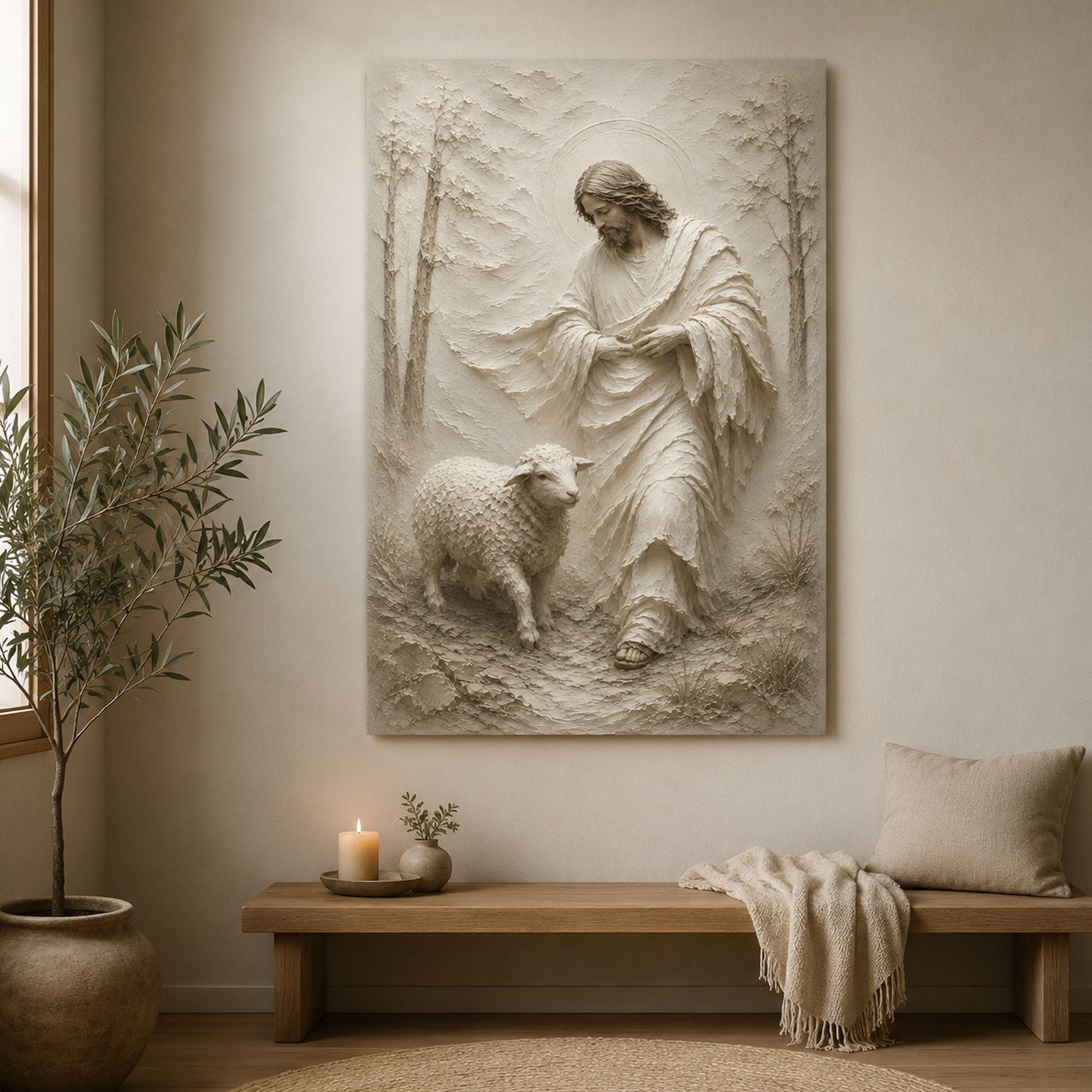 Good Shepherd Jesus with Lamb Canvas Print, White Bas Relief Christian Wall Art, Peaceful Faith Home Decor