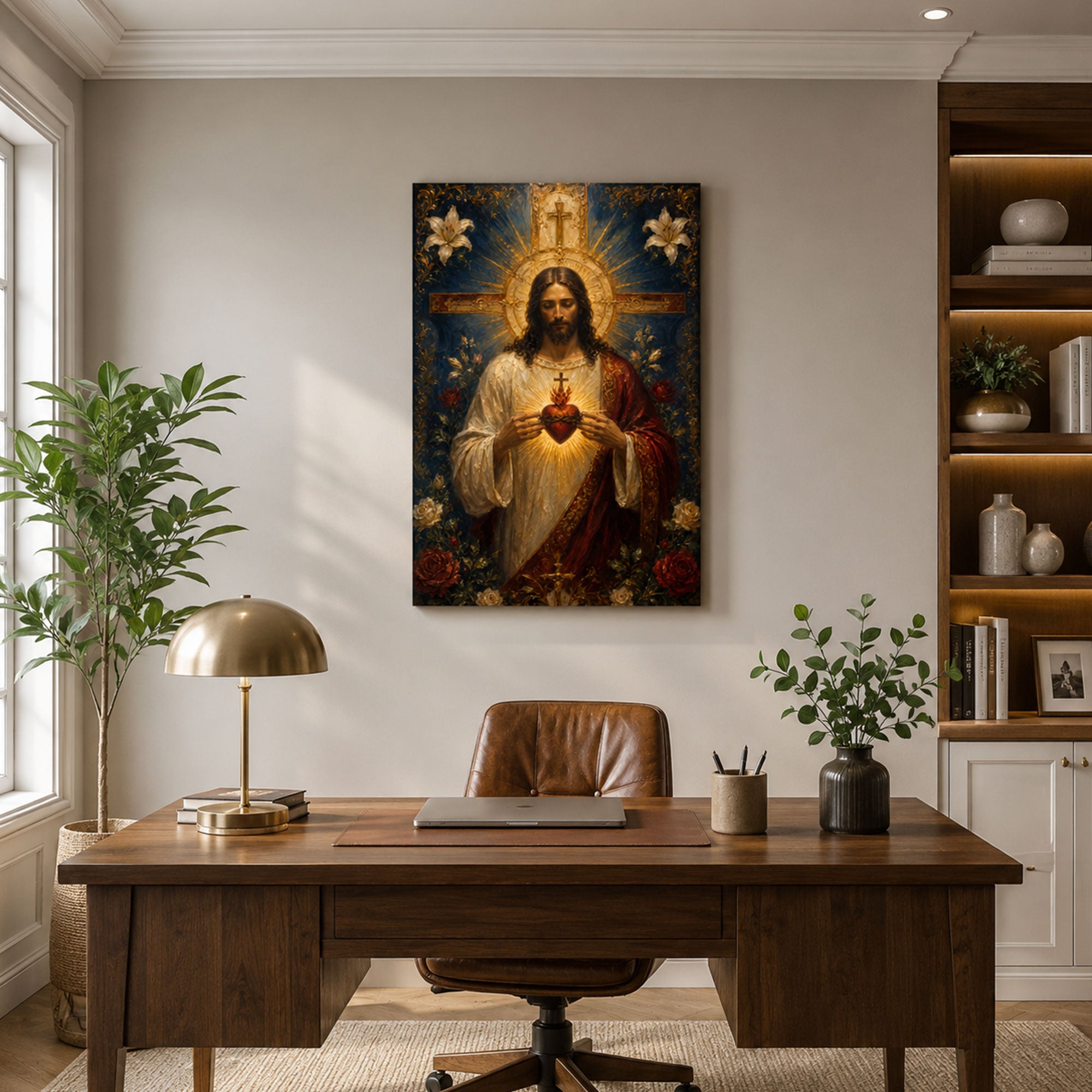 Sacred Heart of Jesus with Cross Canvas Print, Catholic Wall Decor, Christian Faith Gift
