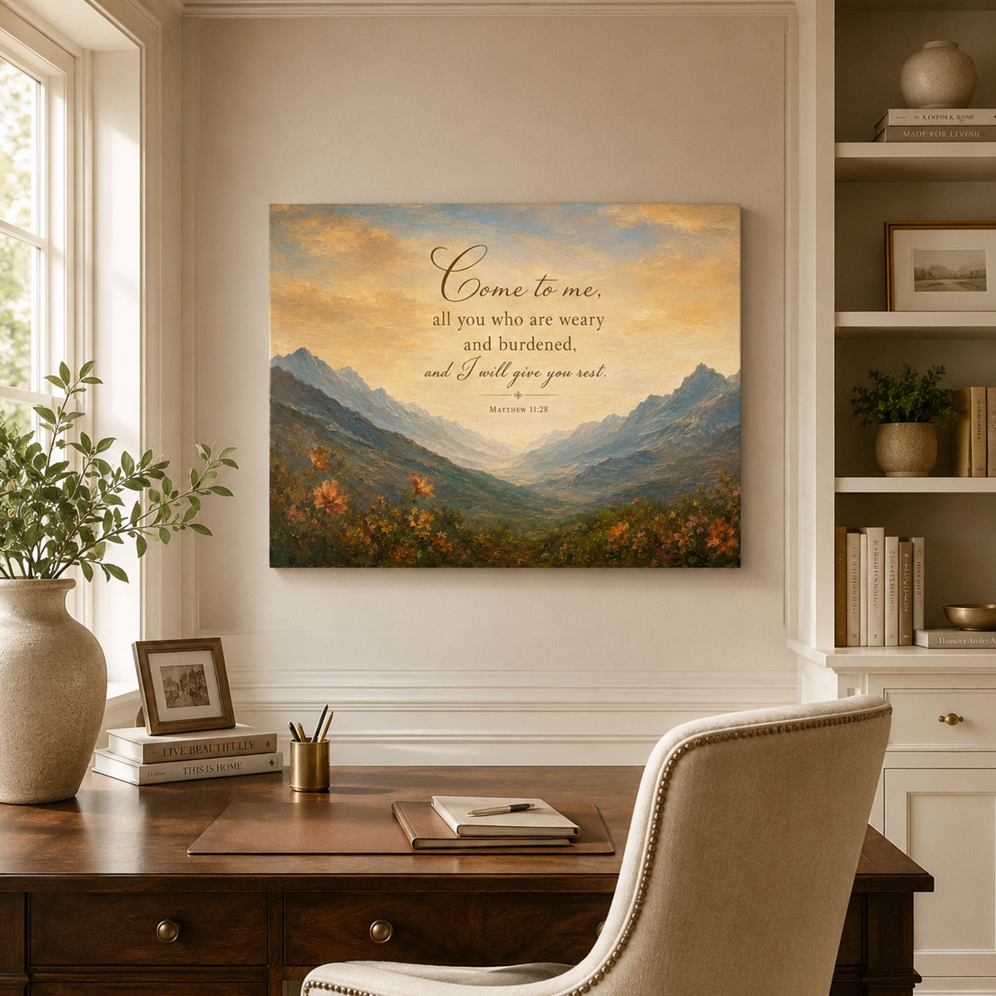 Matthew 11:28 Canvas Print, Come to Me All Who Are Weary Christian Scripture Wall Art, Mountain Faith Home Decor Gift