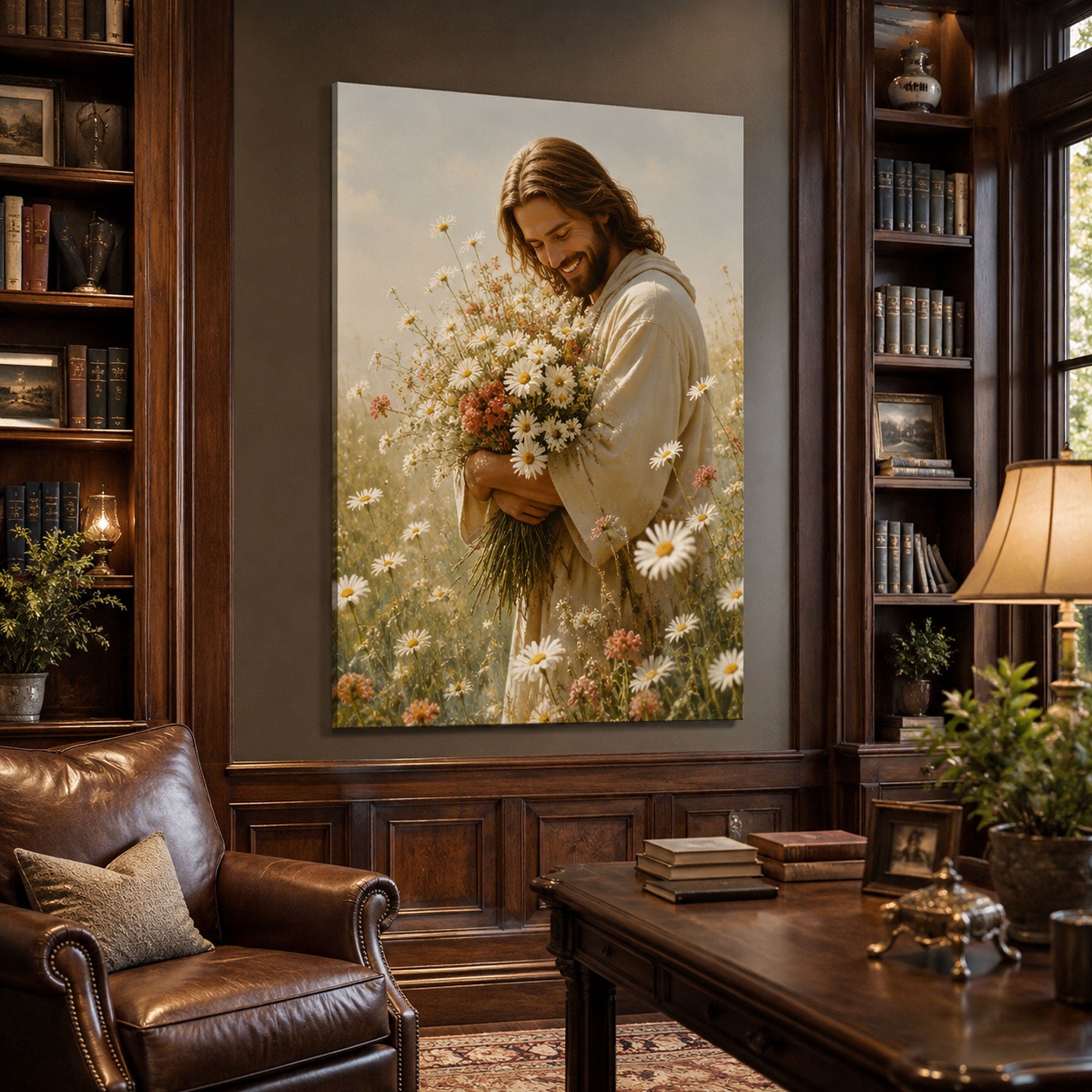 Jesus with Wildflowers Wall Art Printable, Modern Christian Digital Download, Religious Faith Decor