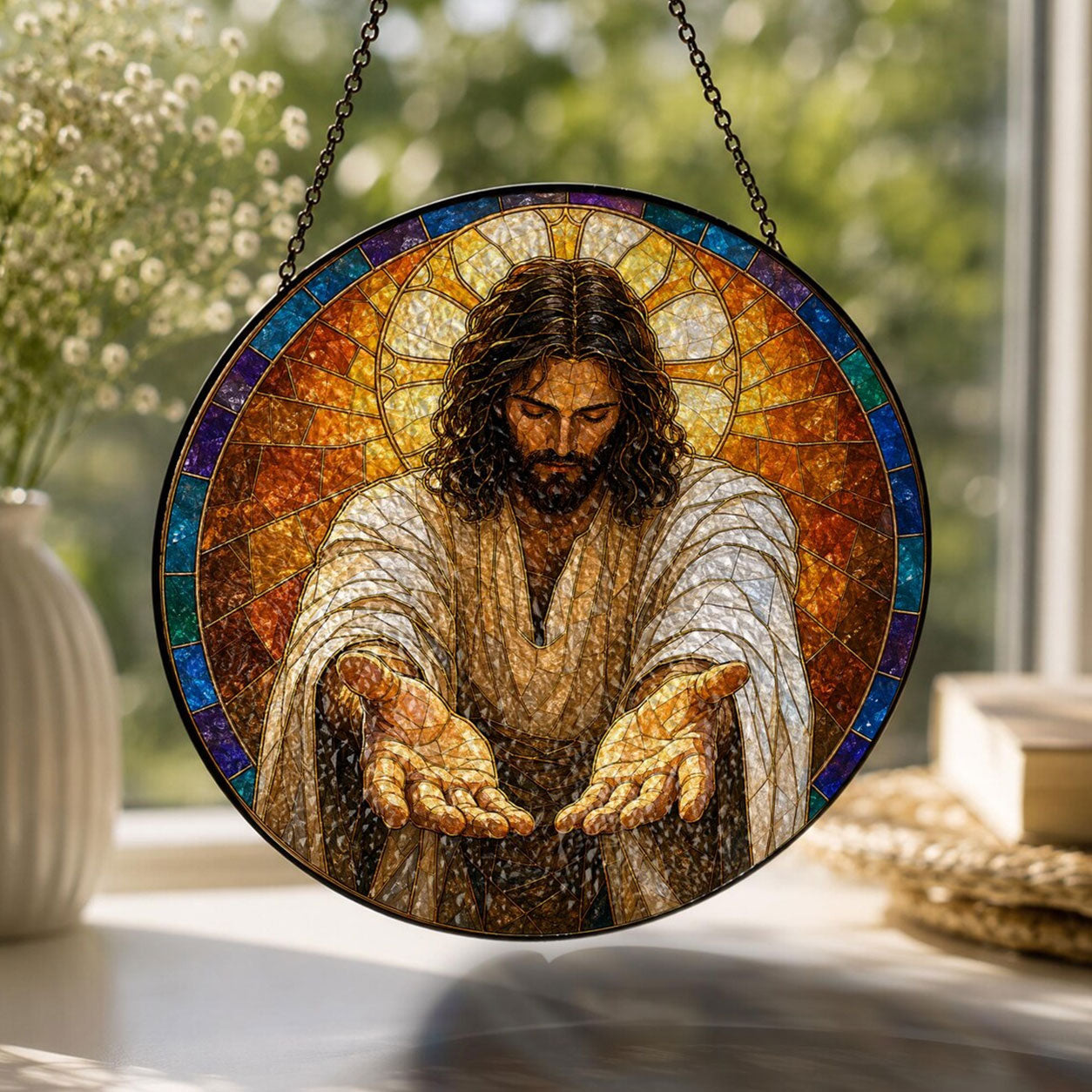 Jesus Open Hands Suncatcher, Come to Me Christian Window Hanging, Catholic Faith Gift