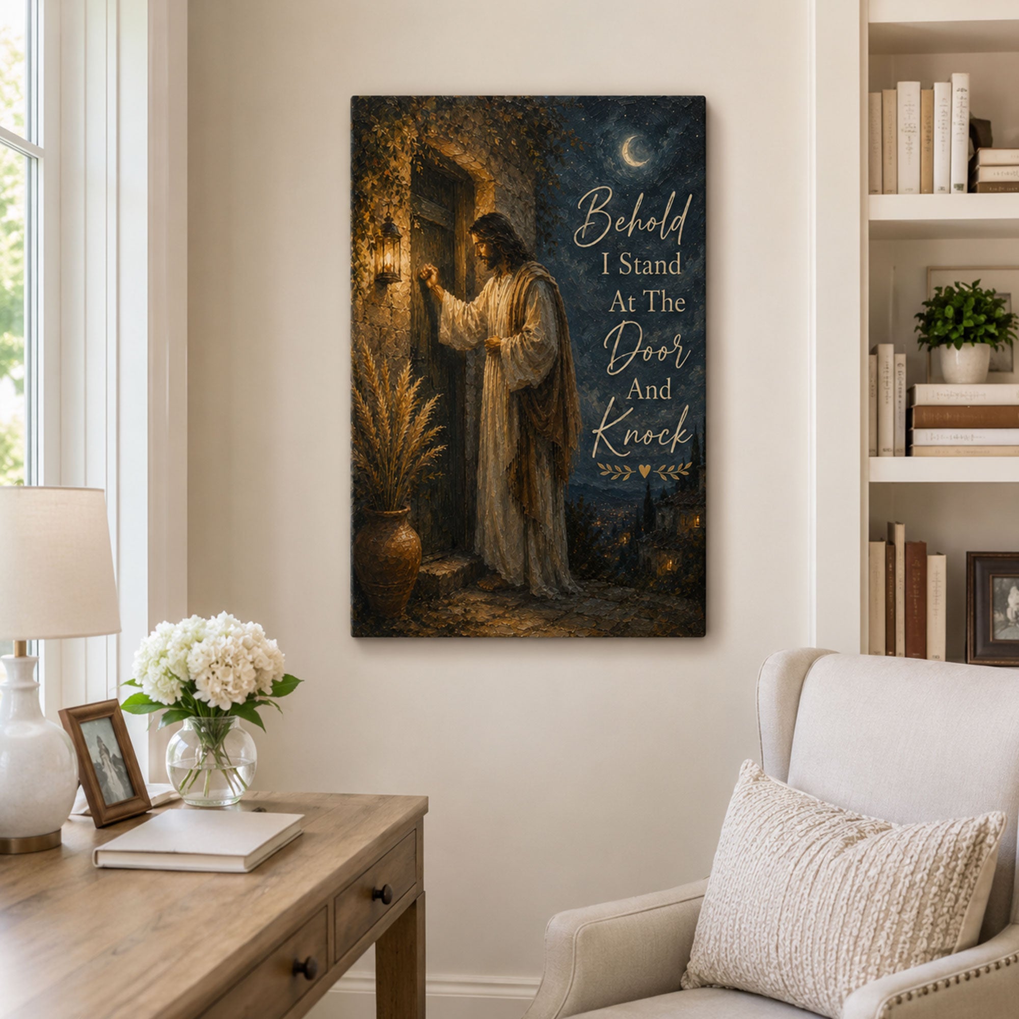 Revelation 3:20 I Stand at the Door and Knock Canvas Print, Christian Home Decor