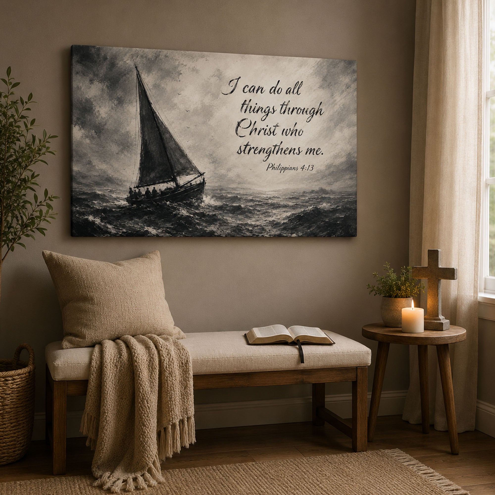 I Can Do All Things Philippians 4:13 Canvas Print, Stormy Sea Christian Scripture Wall Art, Faith Home Decor