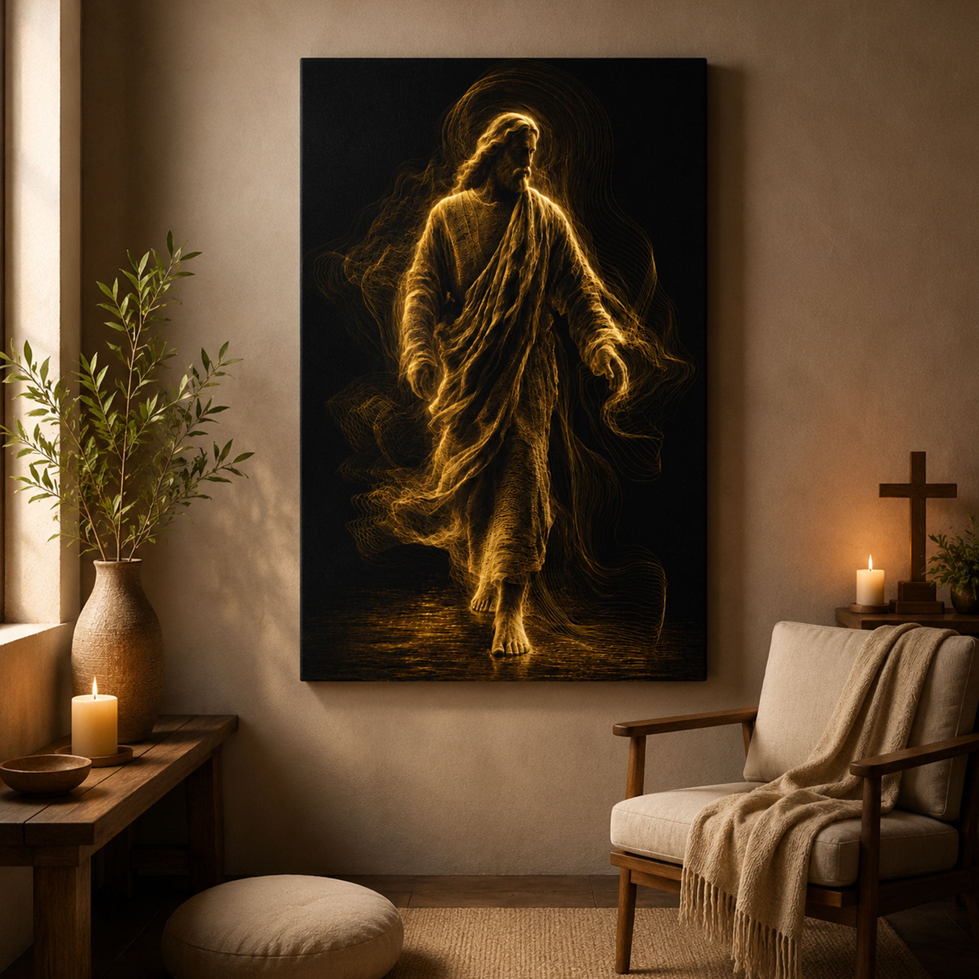 Jesus Walking in Golden Light Canvas Print, Modern Christian Wall Art, Faith Home Decor