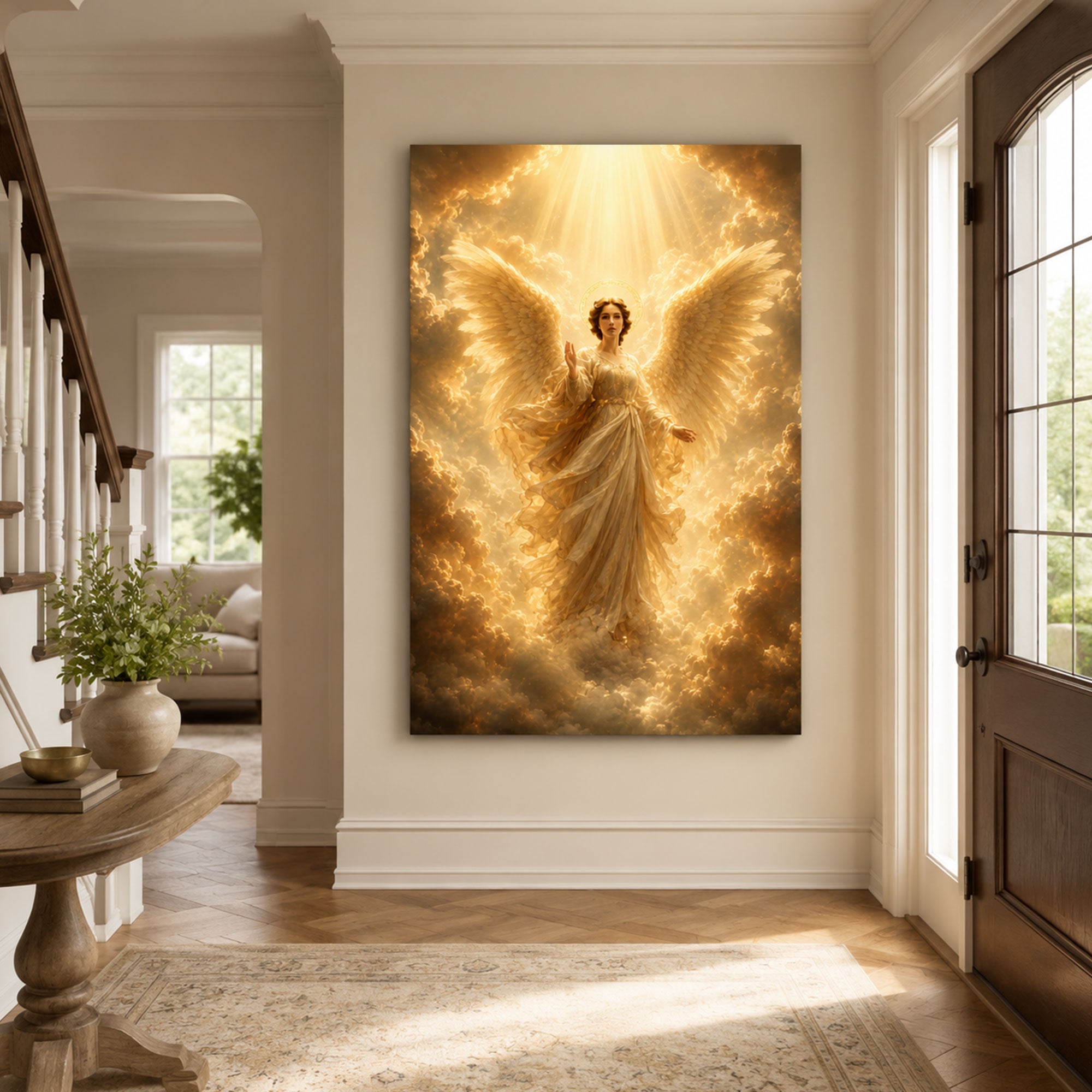 Heavenly Angel Canvas Print, Golden Light Christian Wall Art, Celestial Faith Home Decor Gift