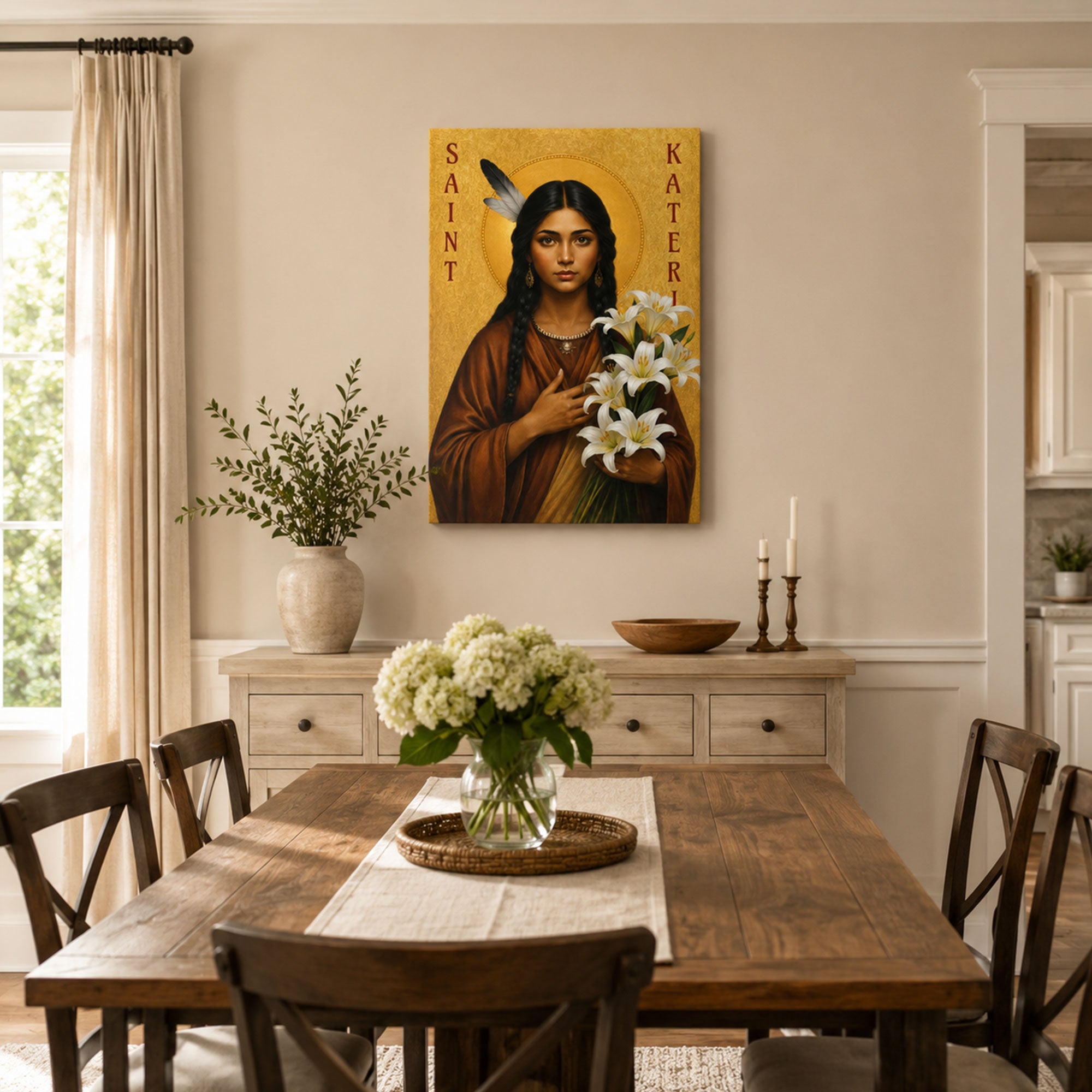 Saint Kateri with Lilies Canvas Print, Native American Catholic Saint Wall Art, Gold Icon Faith Home Decor Gift