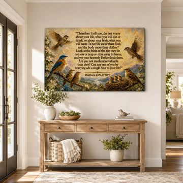 Do Not Worry Matthew 6:25-27 Canvas Print, Birds of the Air Christian Wall Decor, Bible Verse Faith Gift