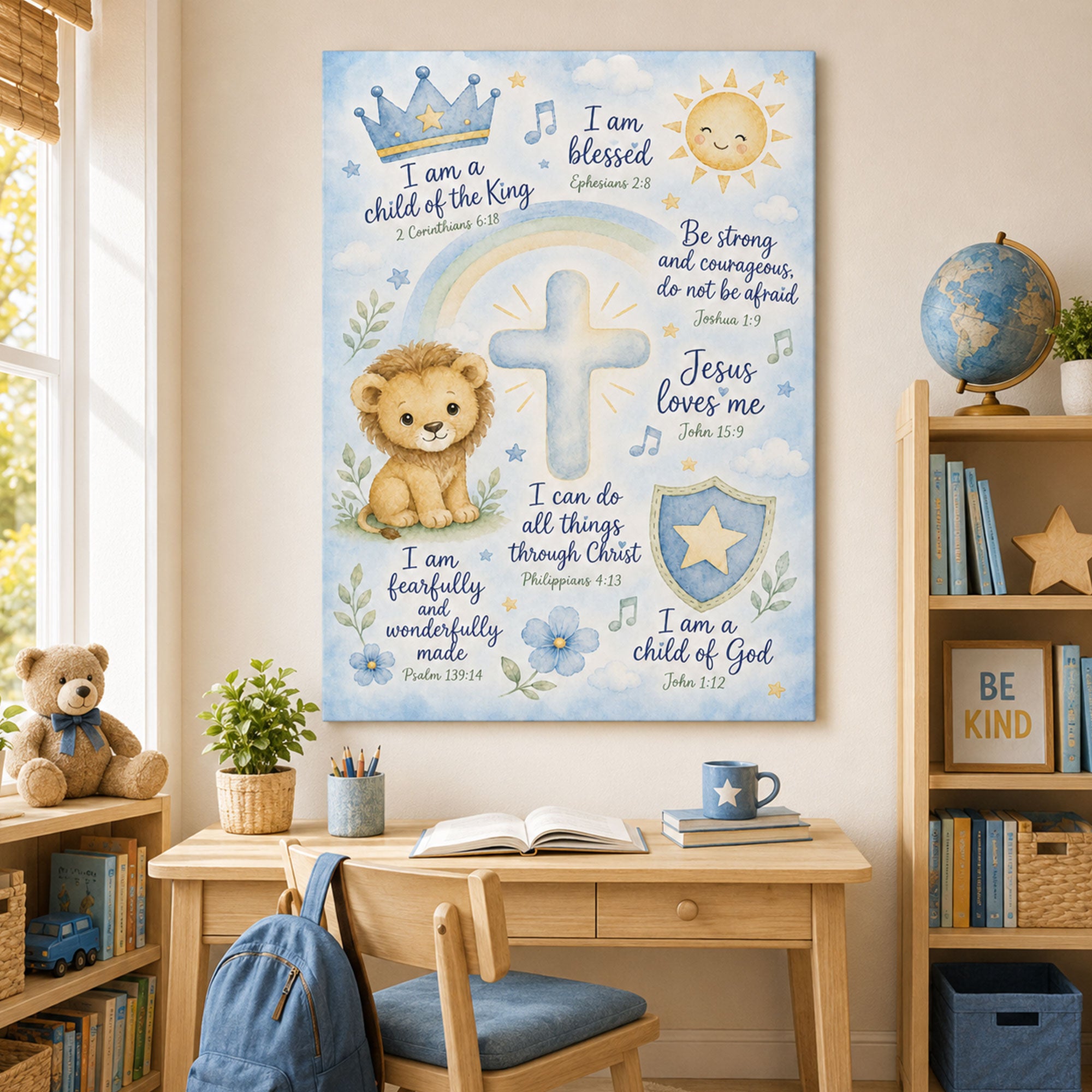 Christian Boy Nursery Wall Art Bible Verse Affirmation Canvas Print Blue Watercolor Lion Cross Jesus Loves Me Decor