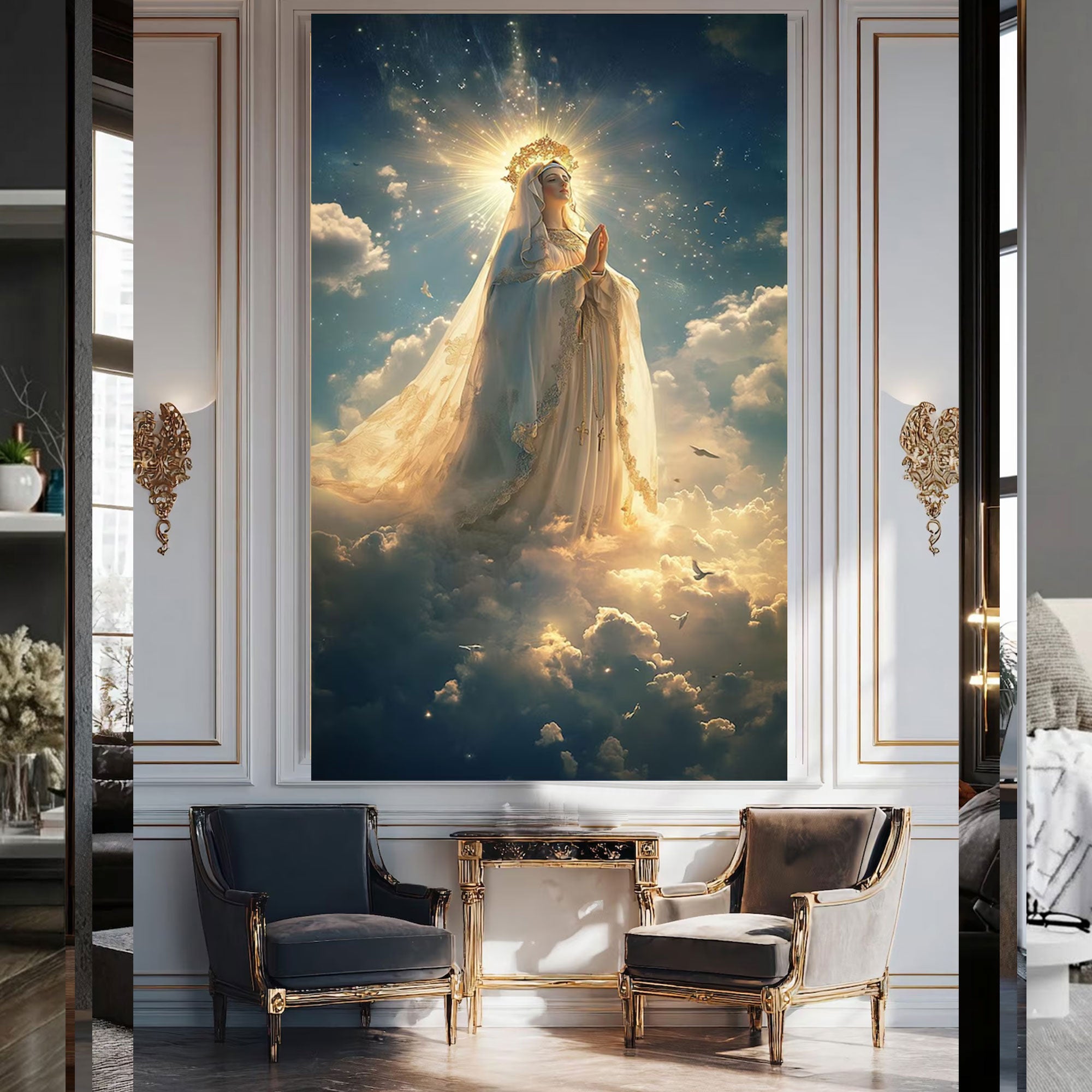 Heavenly Virgin Mary Canvas Print, Praying in the Clouds Wall Art, Golden Halo Light, Catholic Christian Home Decor