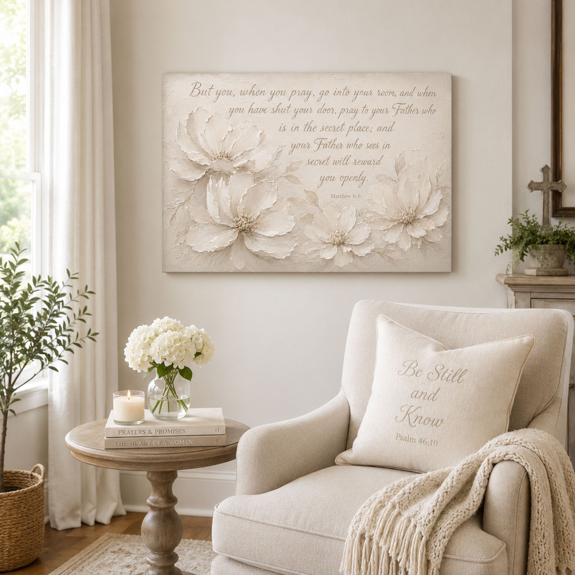 Matthew 6:6 Secret Place Prayer Canvas Print, Neutral Floral Christian Decor