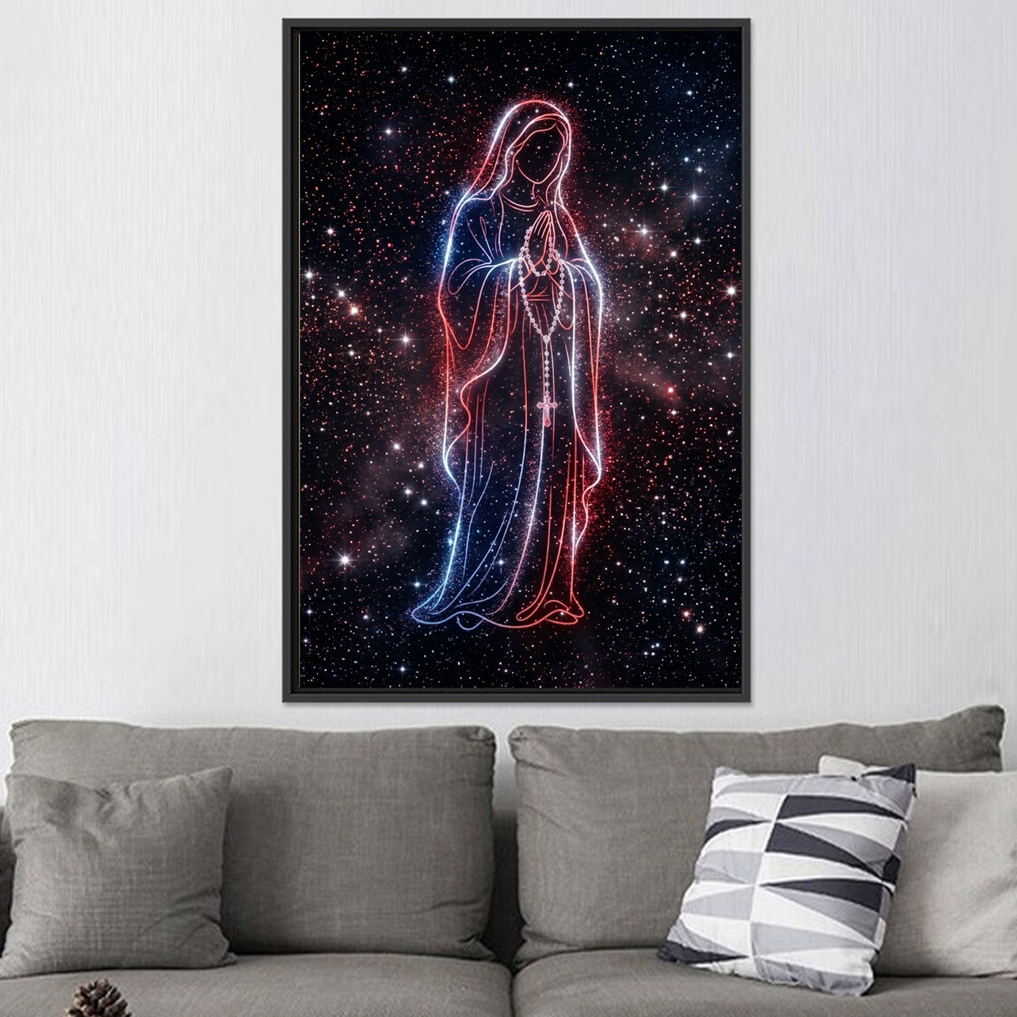 Patriotic Virgin Mary Canvas Print, Red White Blue Madonna Wall Art, American Faith Decor, Modern Christian Artwork