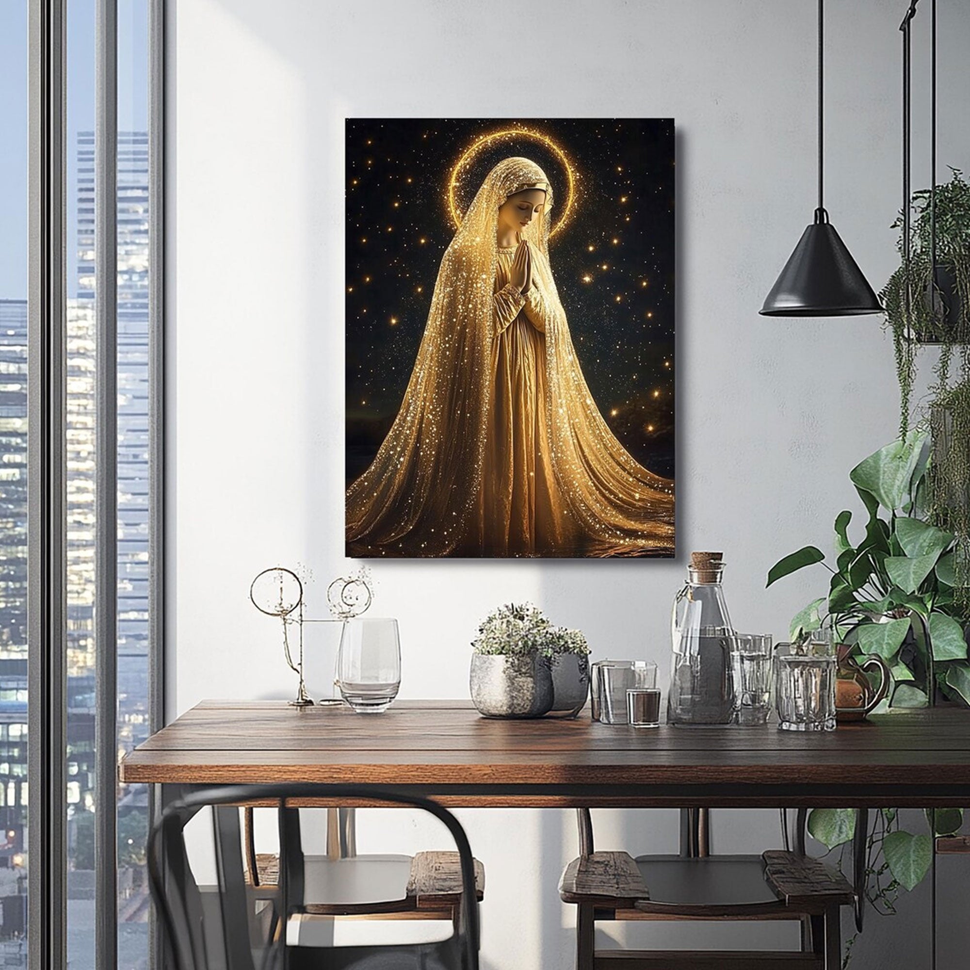 Golden Virgin Mary Canvas Print, Radiant Madonna Wall Art, Catholic Religious Decor, Blessed Mother Faith Artwork