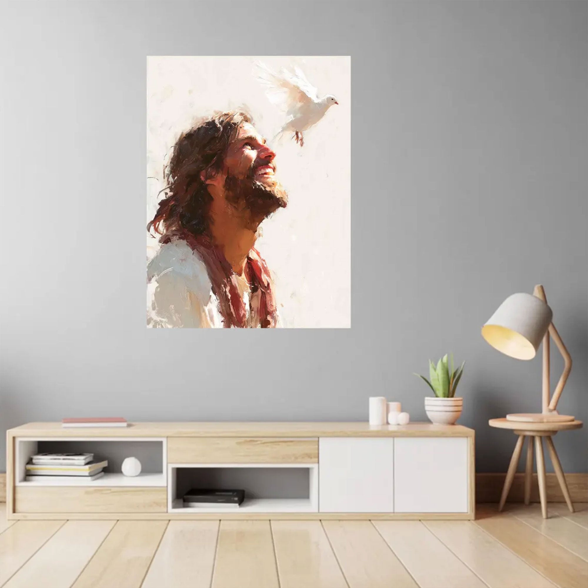 Jesus With Dove Canvas Print, Holy Spirit Christian Wall Art, Peaceful Savior Faith Decor