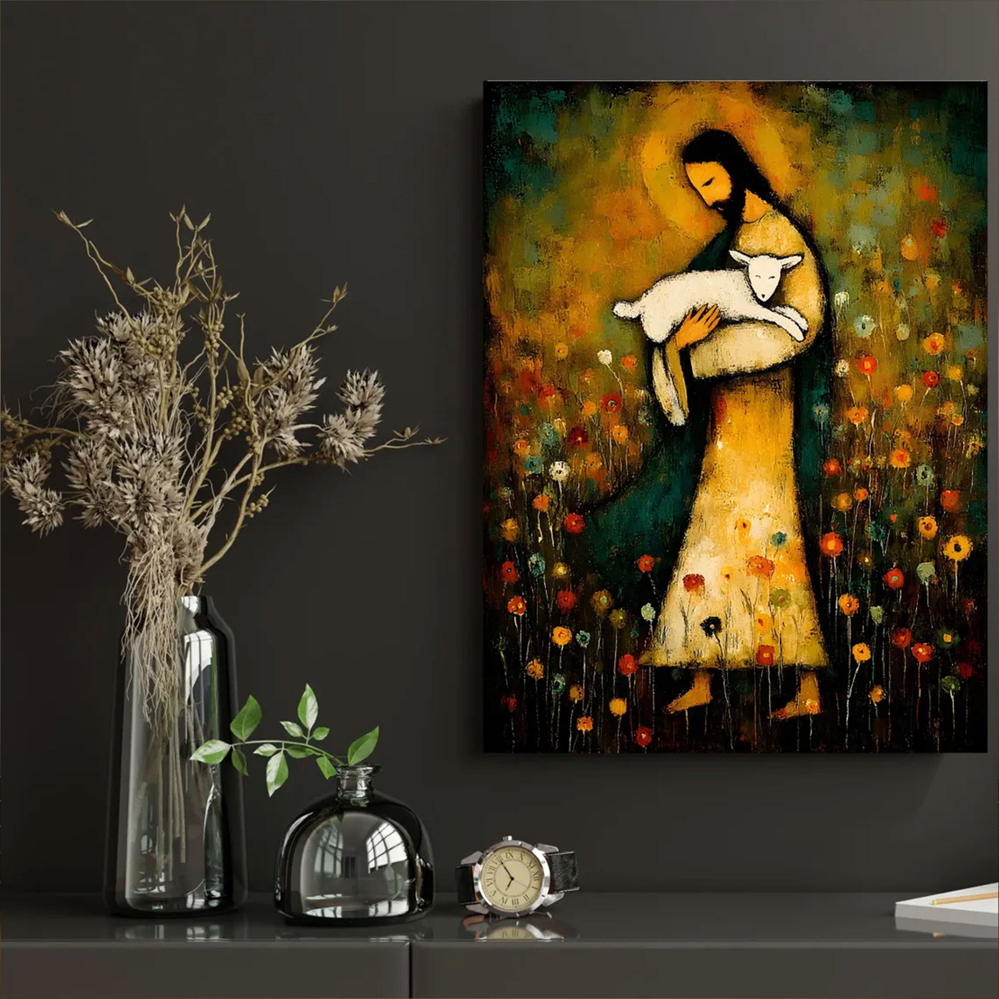 Jesus Holding Lamb Canvas Print, Good Shepherd Wall Art, Folk Art Christian Painting, Religious Home Decor, Inspirational Faith Gift