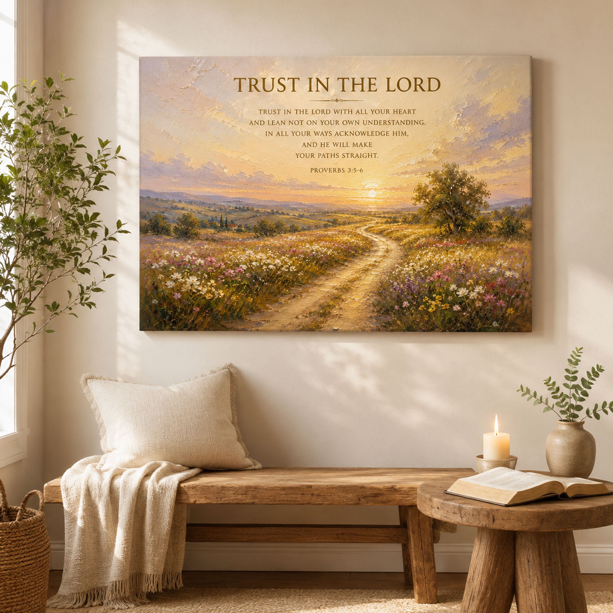 Trust in the Lord Proverbs 3:5-6 Canvas Print, Christian Scripture Wall Art, Wildflower Faith Home Decor