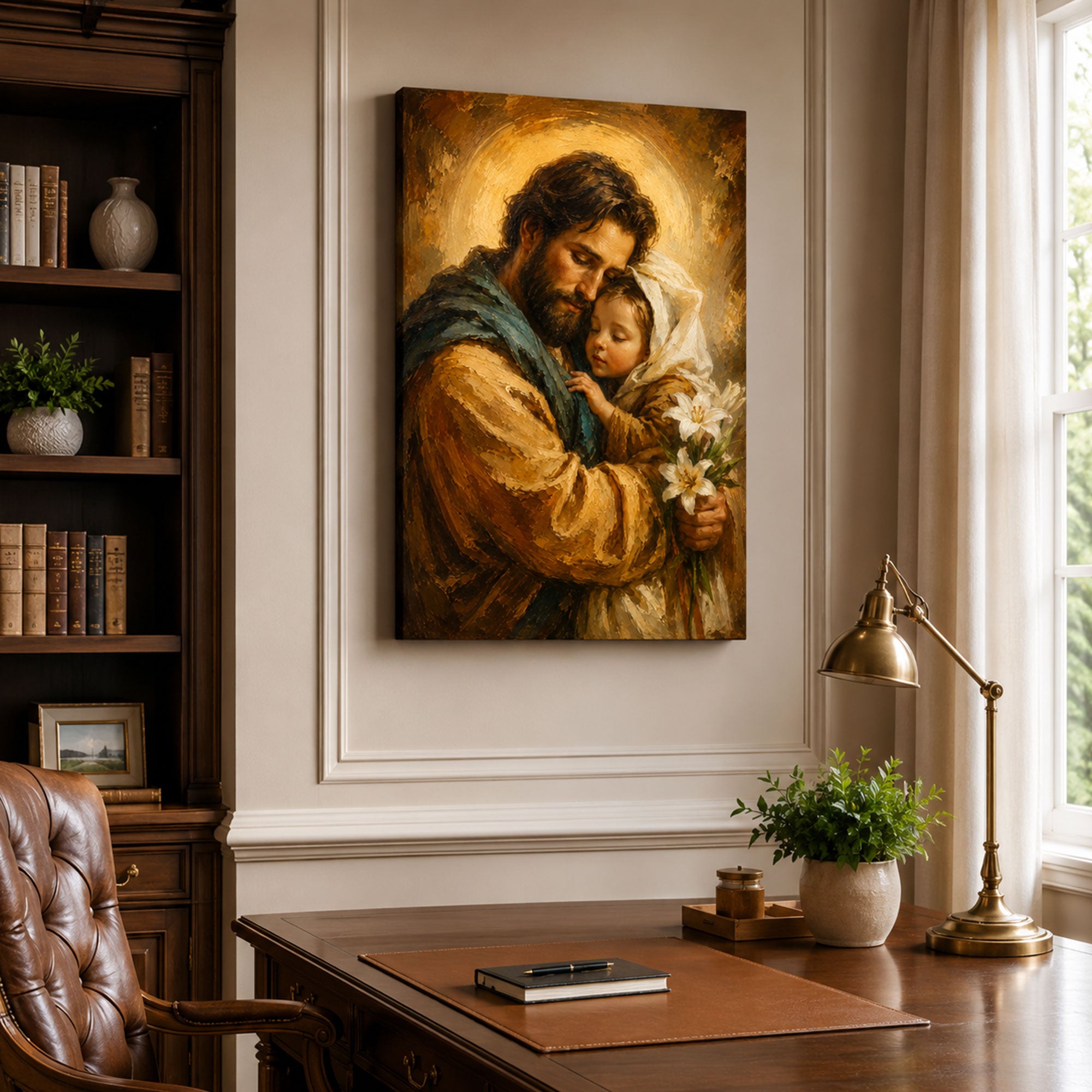 Saint Joseph Holding Child Jesus Canvas Print, Lily Catholic Faith Decor