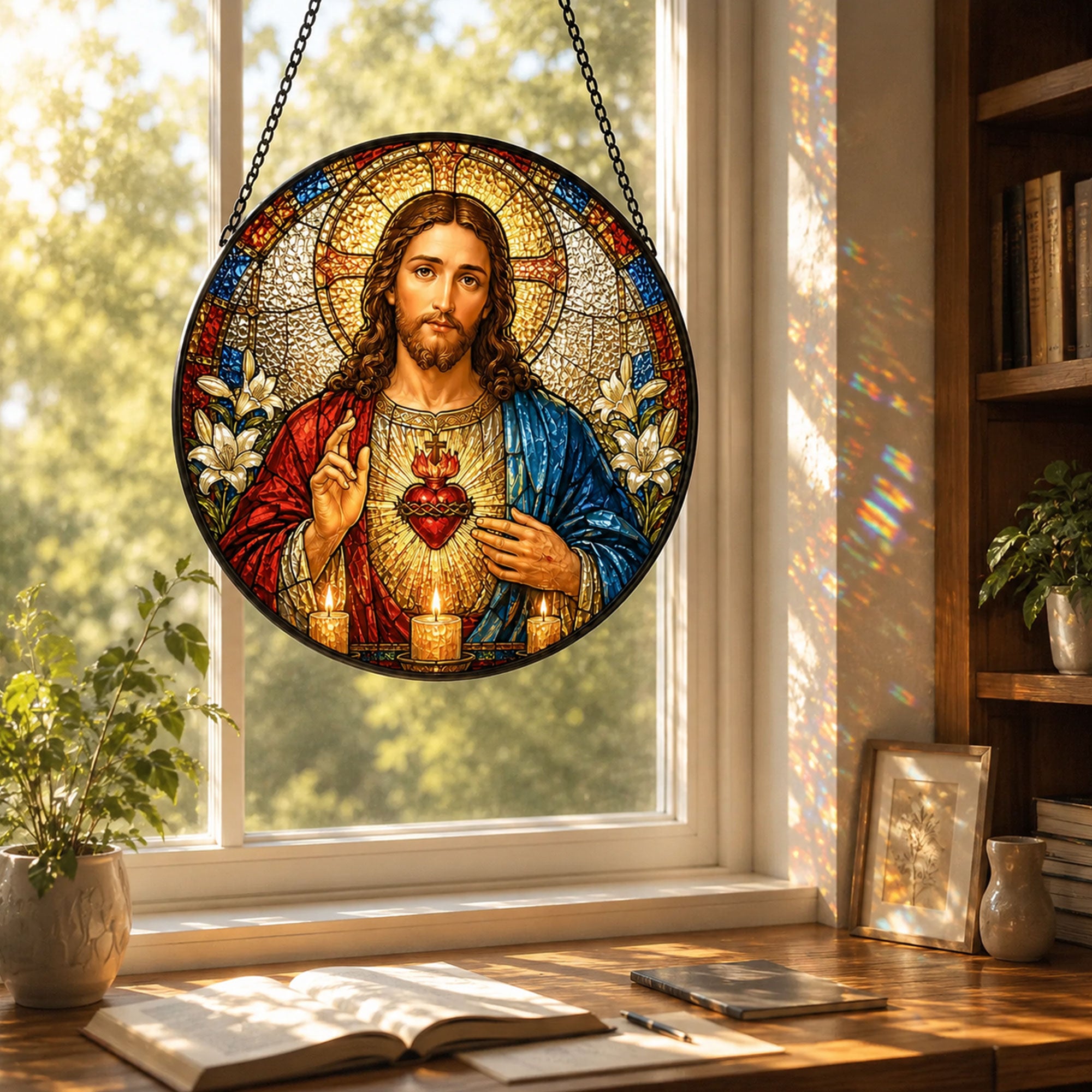 Sacred Heart of Jesus Suncatcher, Catholic Window Hanging, Christian Faith Gift